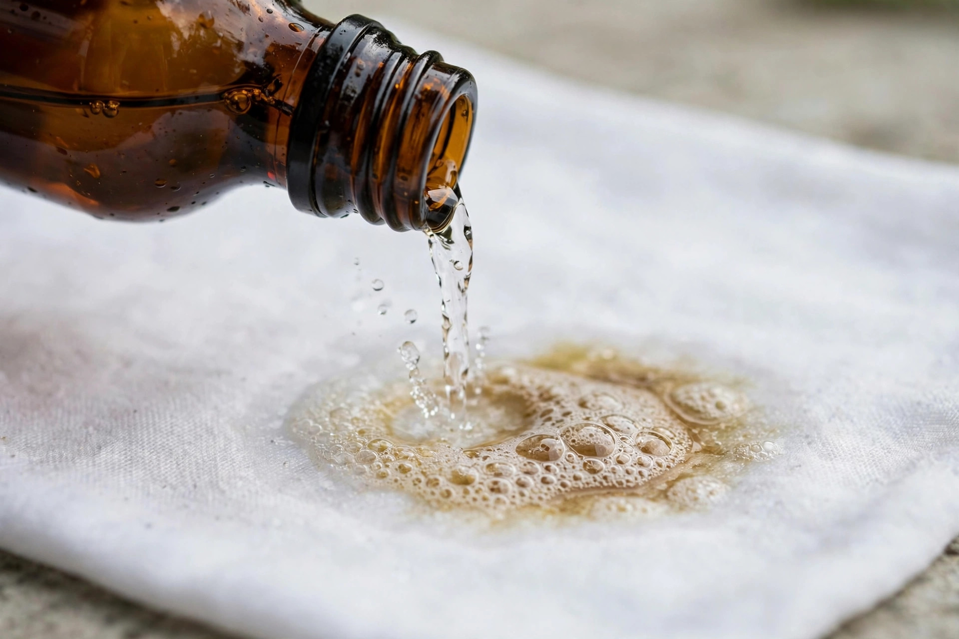 Agua oxigenada vertida desde una botella marrón sobre una mancha en tela blanca, con una suave efervescencia de burbujas
