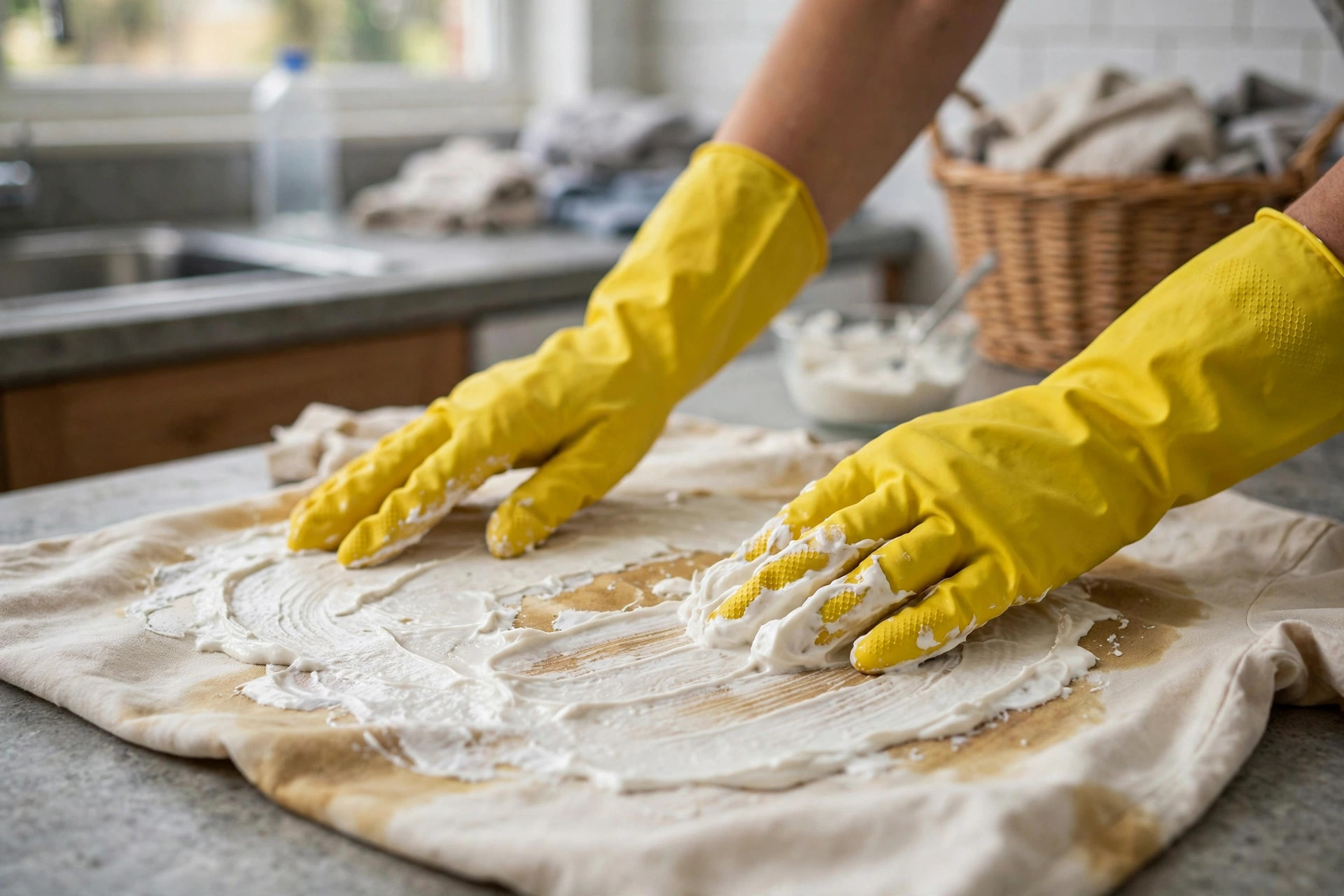 Manos con guantes extendiendo una pasta blanca de bicarbonato y agua oxigenada sobre una prenda manchada en el cuarto de lavado
