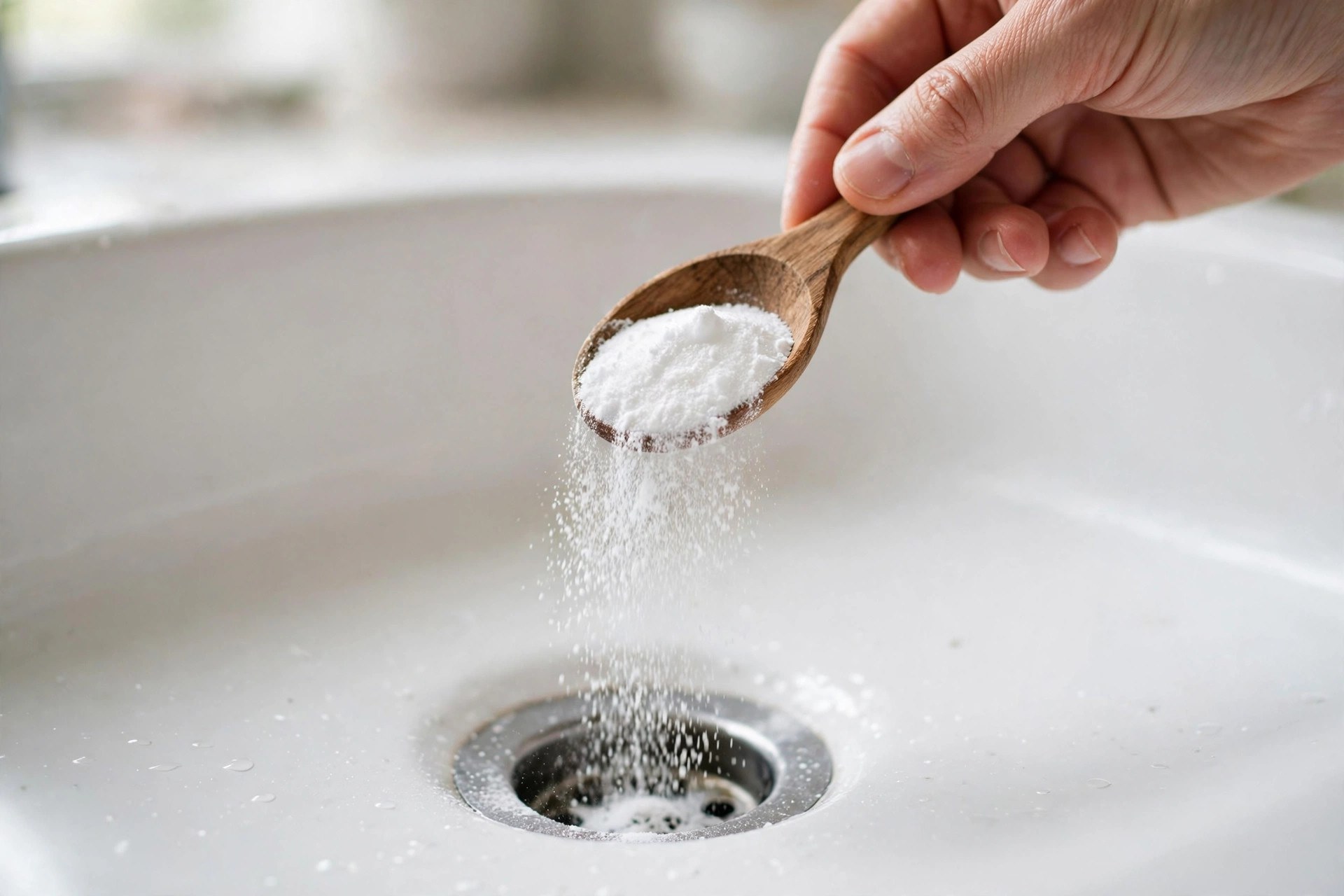 Vertiendo bicarbonato de sodio en el desagüe del lavabo del baño como primer paso del remedio casero para desatascar el desagüe