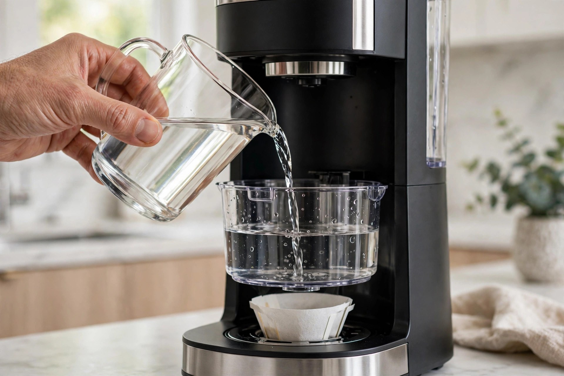 Verter solución descalcificante con vinagre en el depósito de agua de una cafetera de goteo con cal acumulada