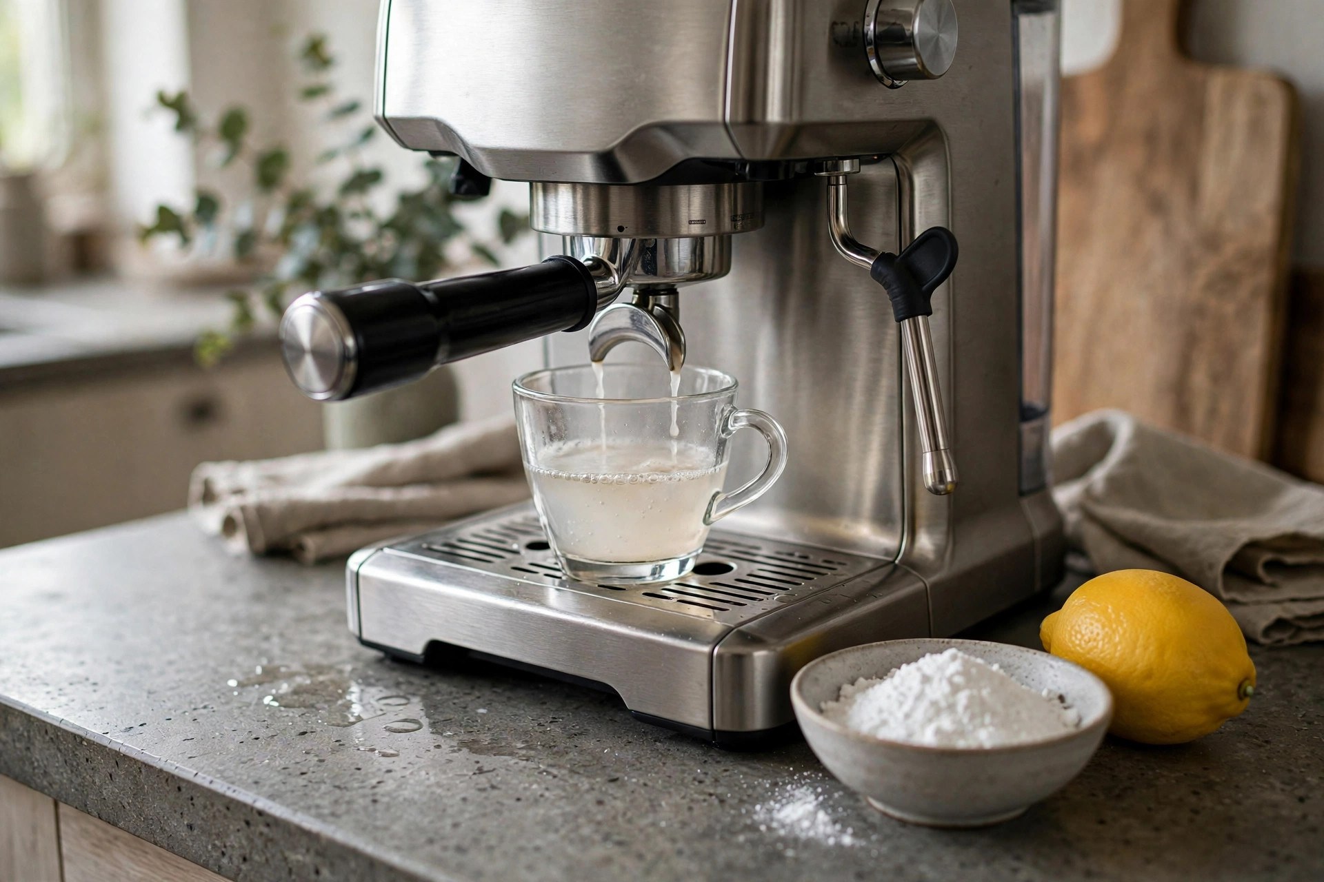 Cafetera exprés durante la descalcificación, con ácido cítrico y un limón junto a la máquina en la encimera de la cocina