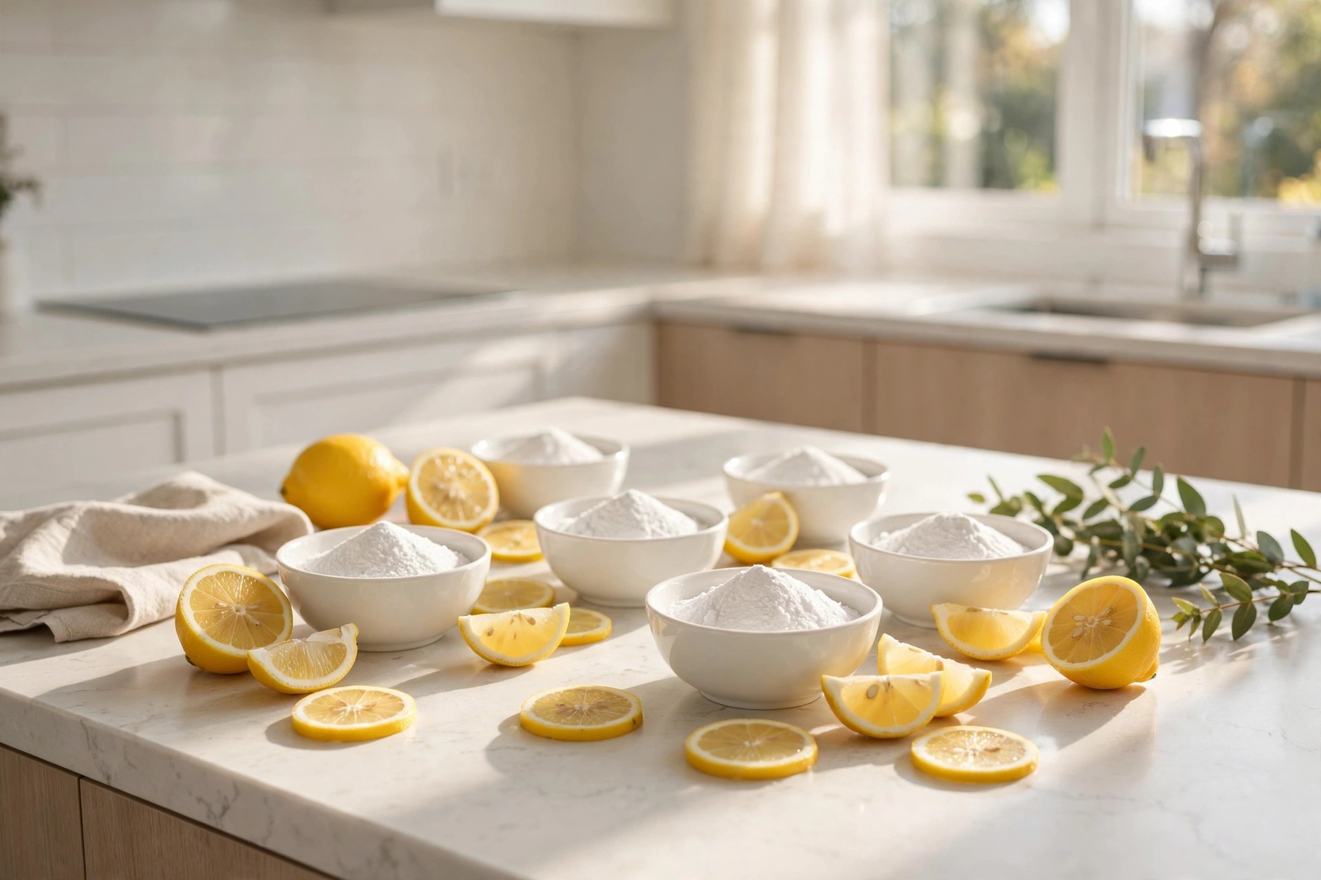 Cuencos de bicarbonato de sodio y rodajas de limón colocados en una cocina luminosa para absorber y neutralizar los malos olores de la casa de forma natural