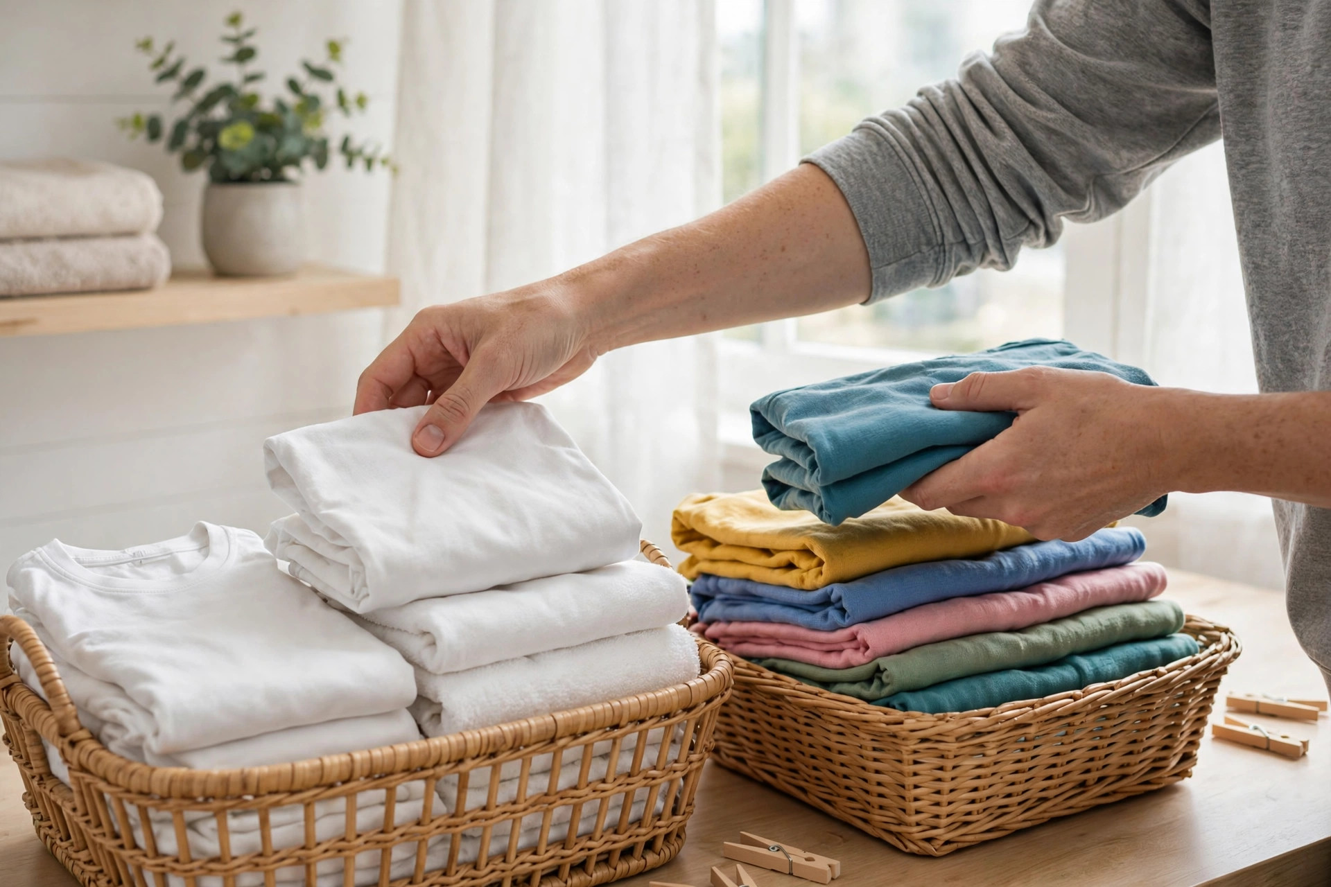 Clasificar la ropa en cestos de blancos y de colores después de leer las etiquetas de lavado