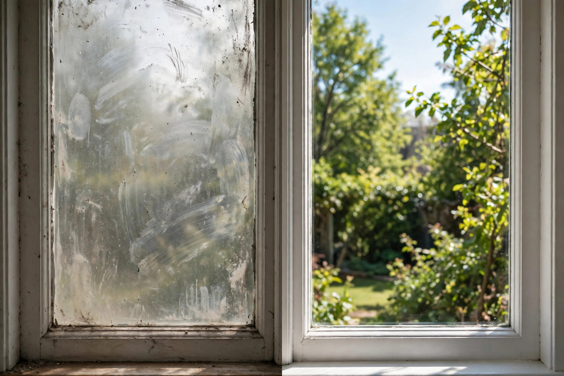 Comparación de antes y después de una ventana: mitad sucia con polvo y mitad de cristal totalmente transparente a la luz del día