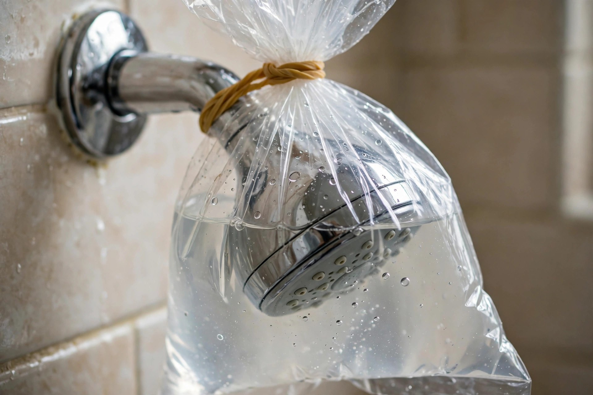 Cabezal de ducha con una bolsa de plástico llena de vinagre blanco atada con una goma elástica para disolver la cal incrustada