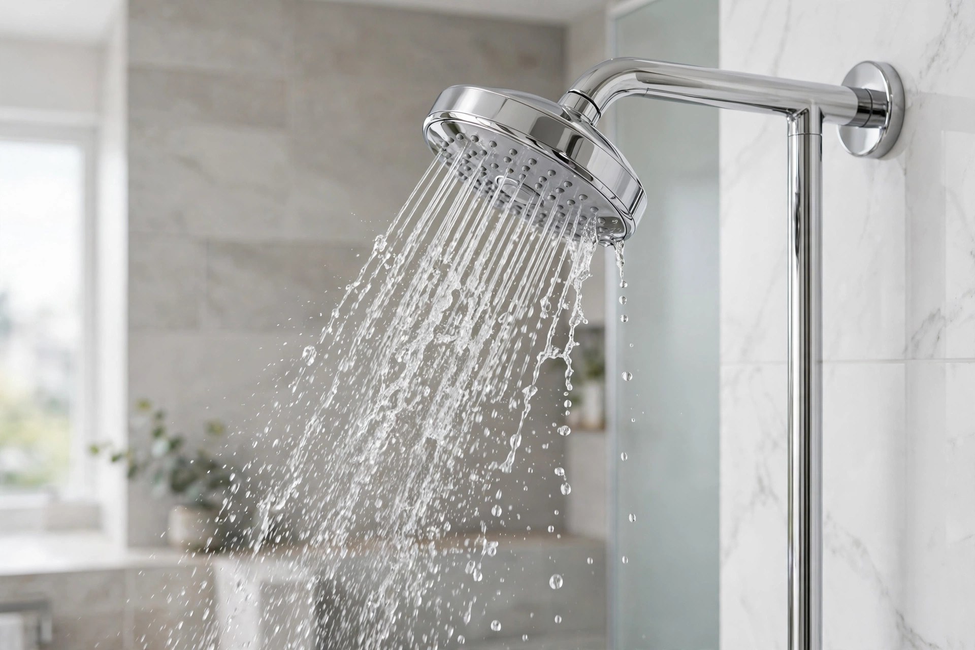 Cabezal de ducha cromado limpio expulsando chorros de agua fuertes y uniformes en un baño luminoso