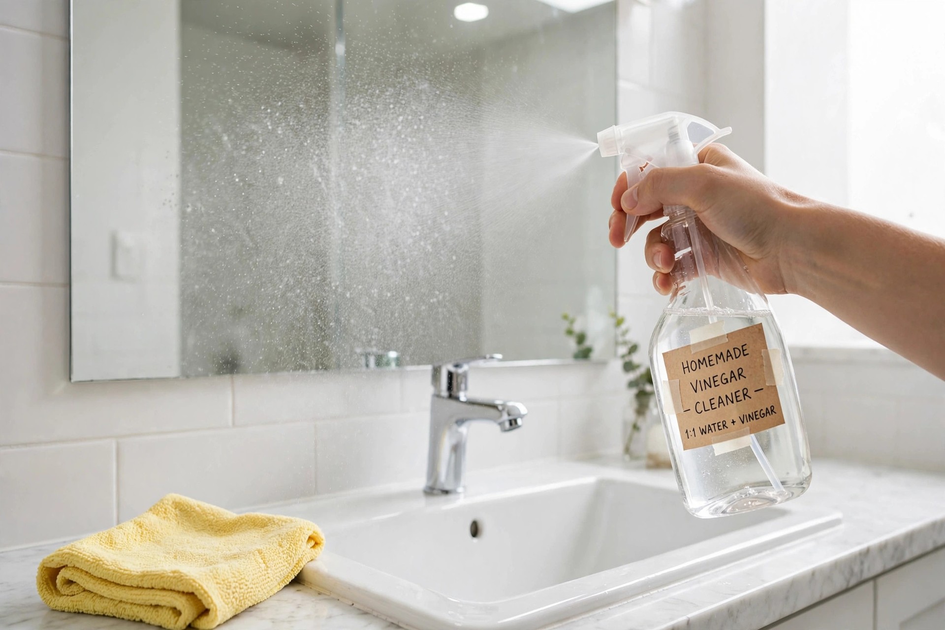Mano rociando una mezcla casera de vinagre y agua con un pulverizador sobre un espejo de baño