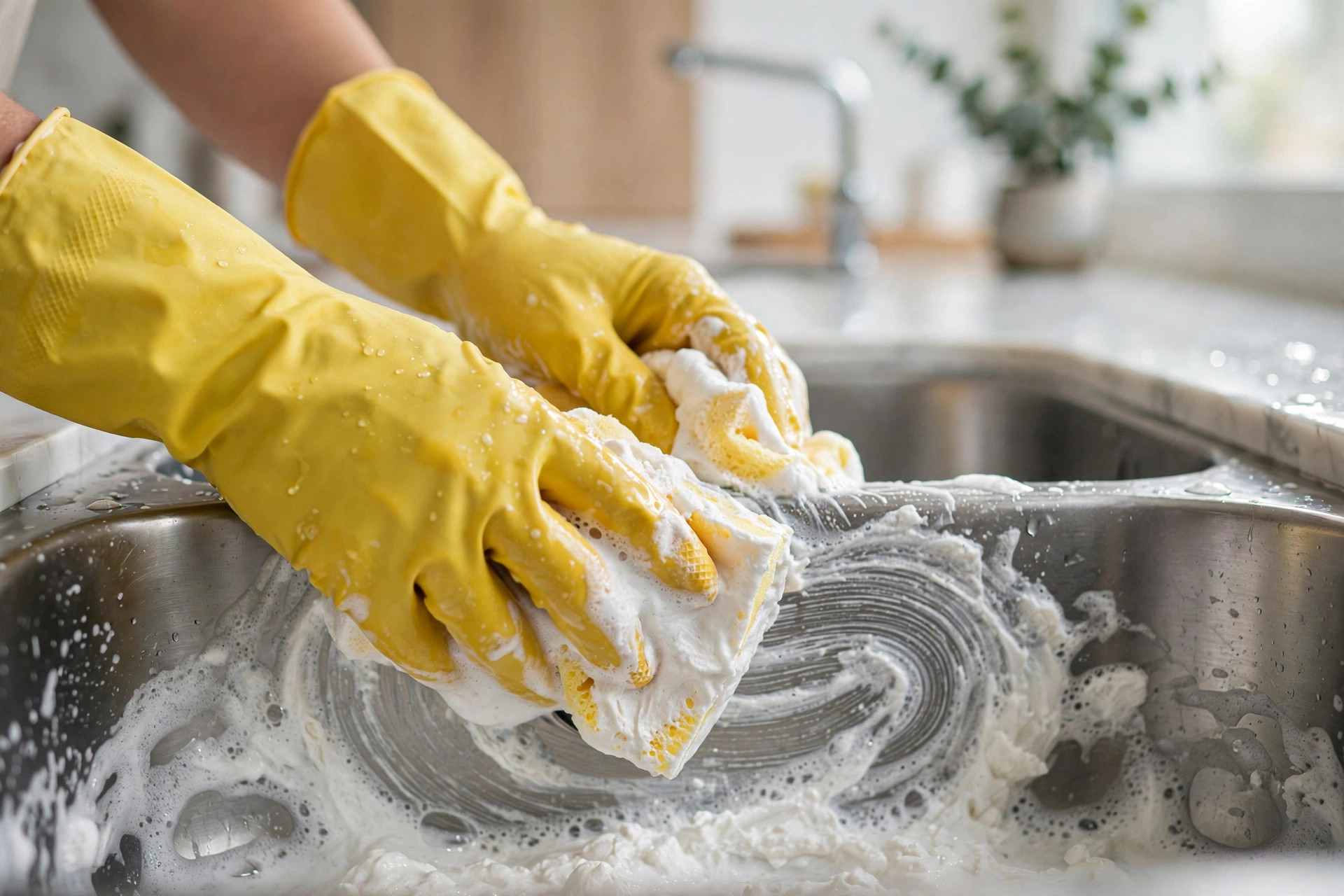 Manos frotando un fregadero de acero inoxidable con pasta de bicarbonato y una esponja suave, método casero para limpiar el fregadero de acero inoxidable