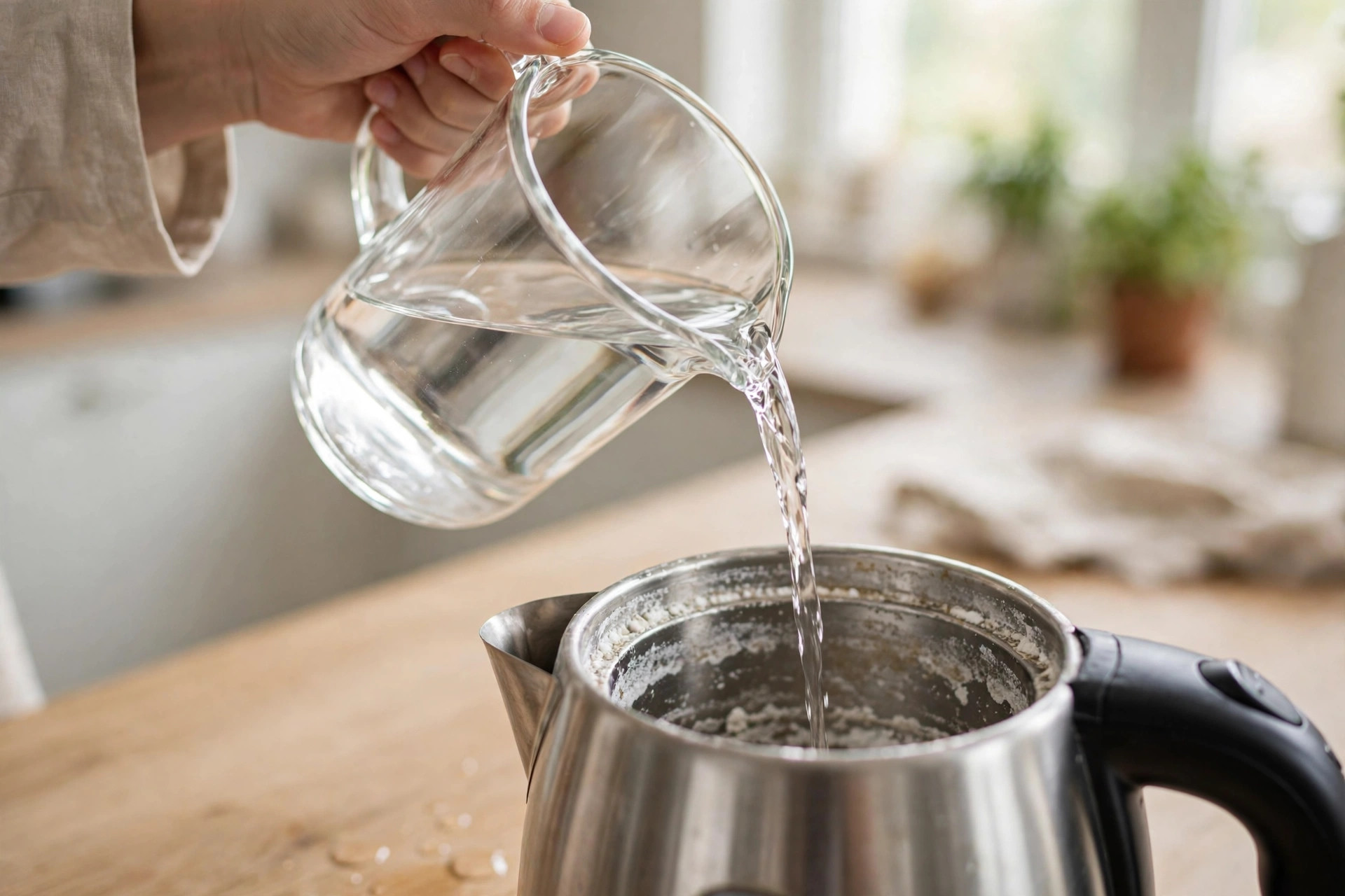 Verter una mezcla de vinagre blanco y agua dentro de un hervidor eléctrico abierto para limpiar hervidor cal, primer paso del método casero