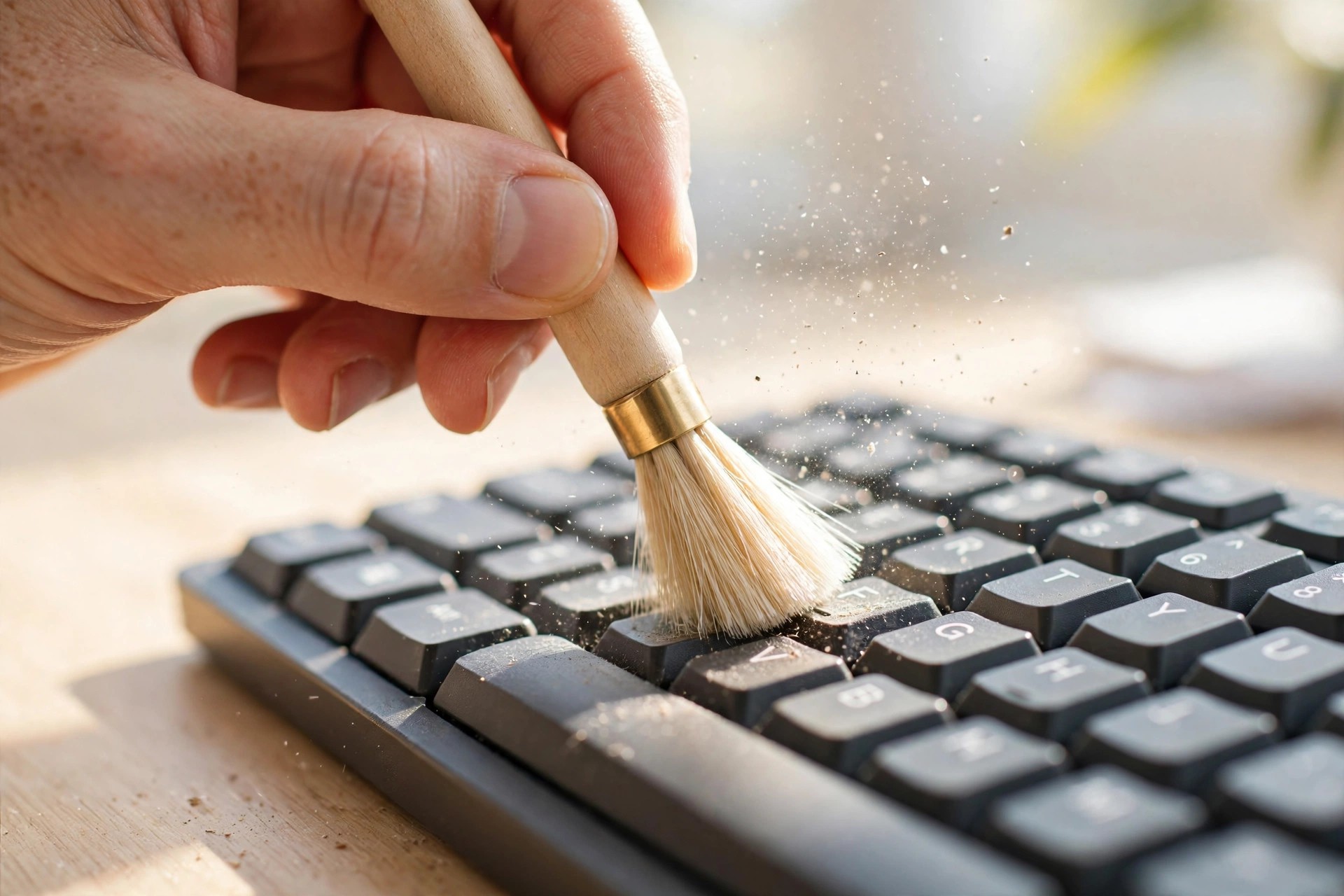 Persona limpiando entre las teclas del teclado con un cepillo pequeño de cerdas suaves