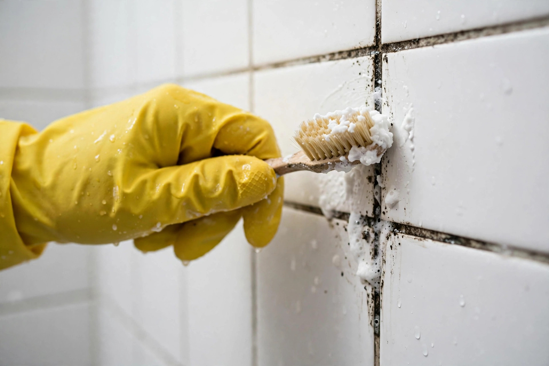 Frotar las juntas de los azulejos del baño con un cepillo y pasta de bicarbonato