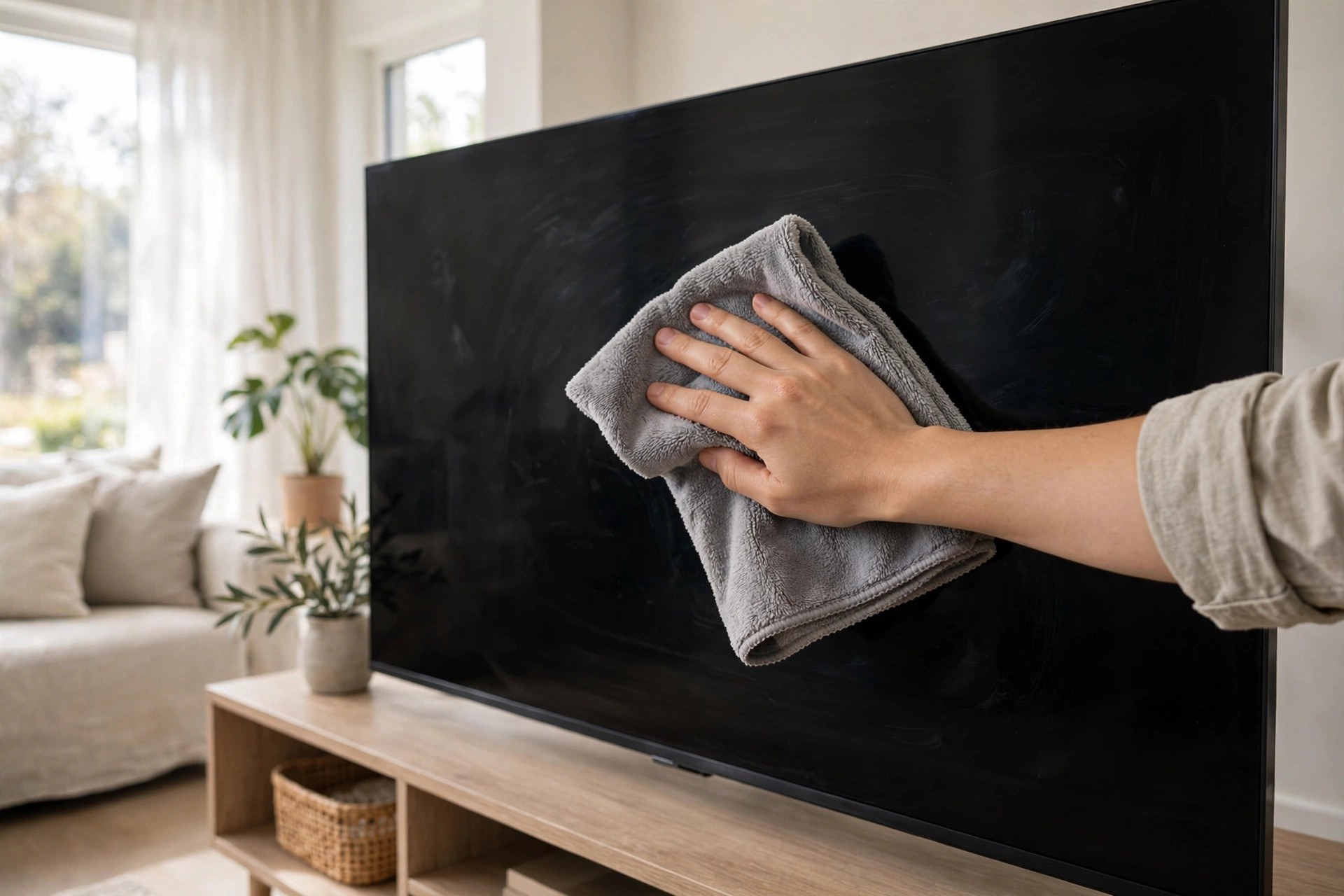 Mano limpiando con suavidad la pantalla apagada de un televisor con un paño de microfibra gris