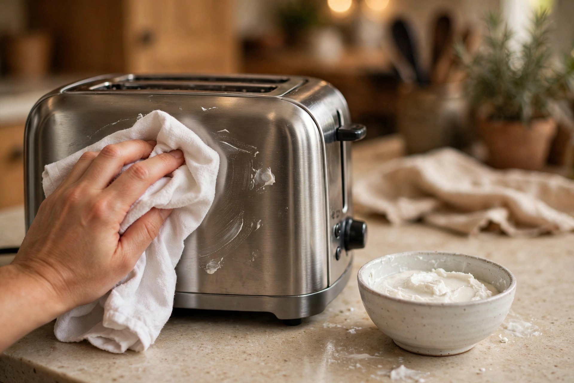 Mano limpiando el exterior de acero inoxidable de una tostadora con un paño suave junto a un cuenco con pasta de bicarbonato