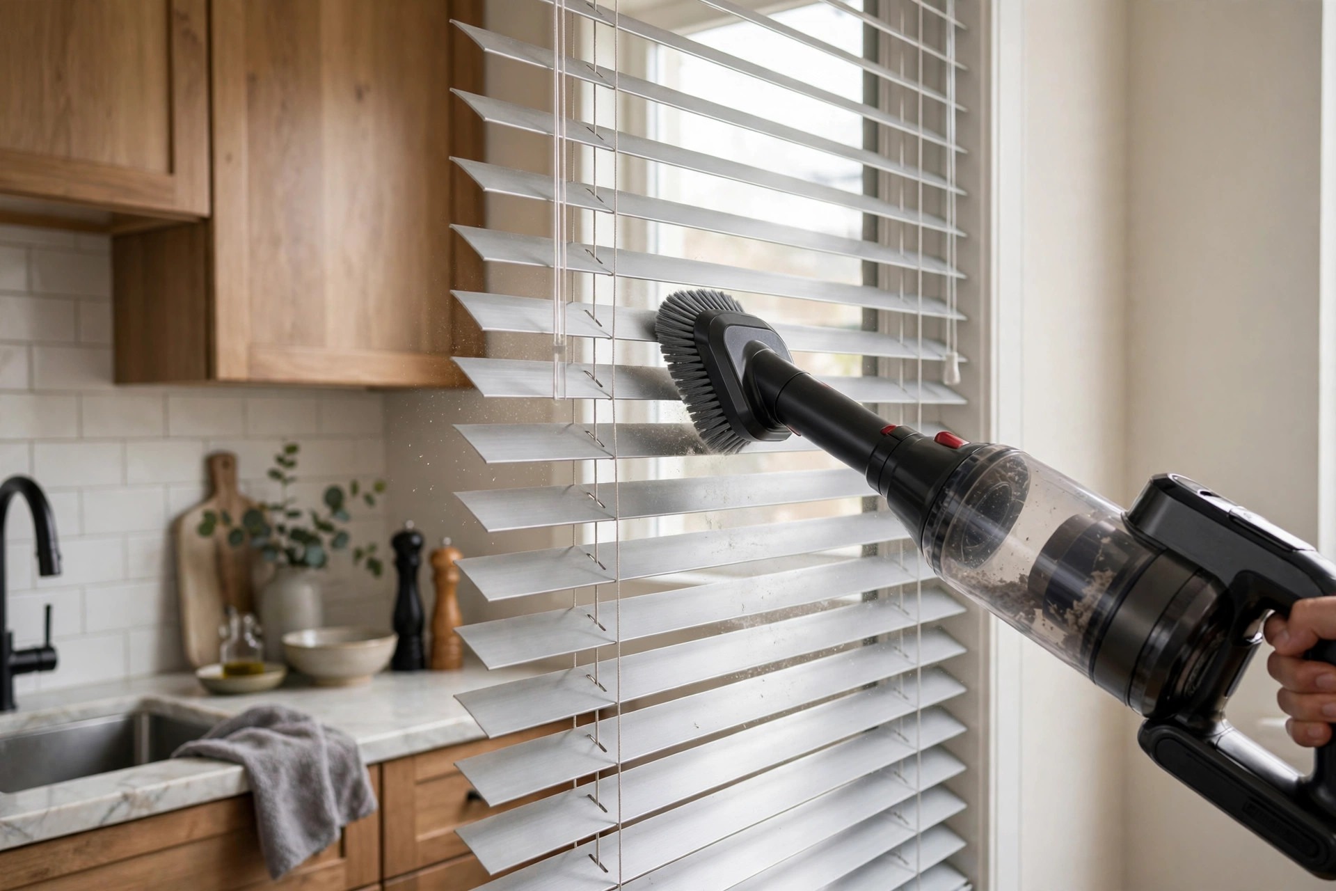 Aspiradora con cepillo limpiando persianas venecianas de aluminio en una cocina, método casero para limpiar las persianas con grasa