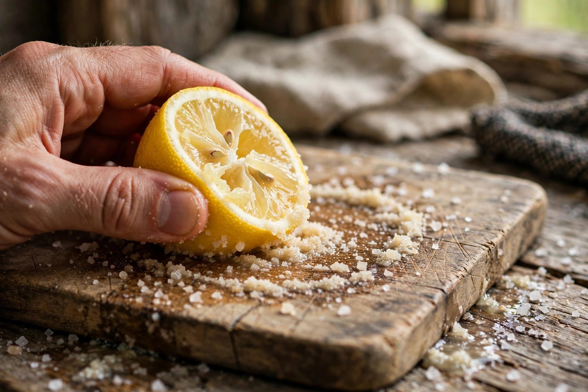 Medio limón y sal gruesa frotándose sobre una tabla de cortar de madera en la cocina