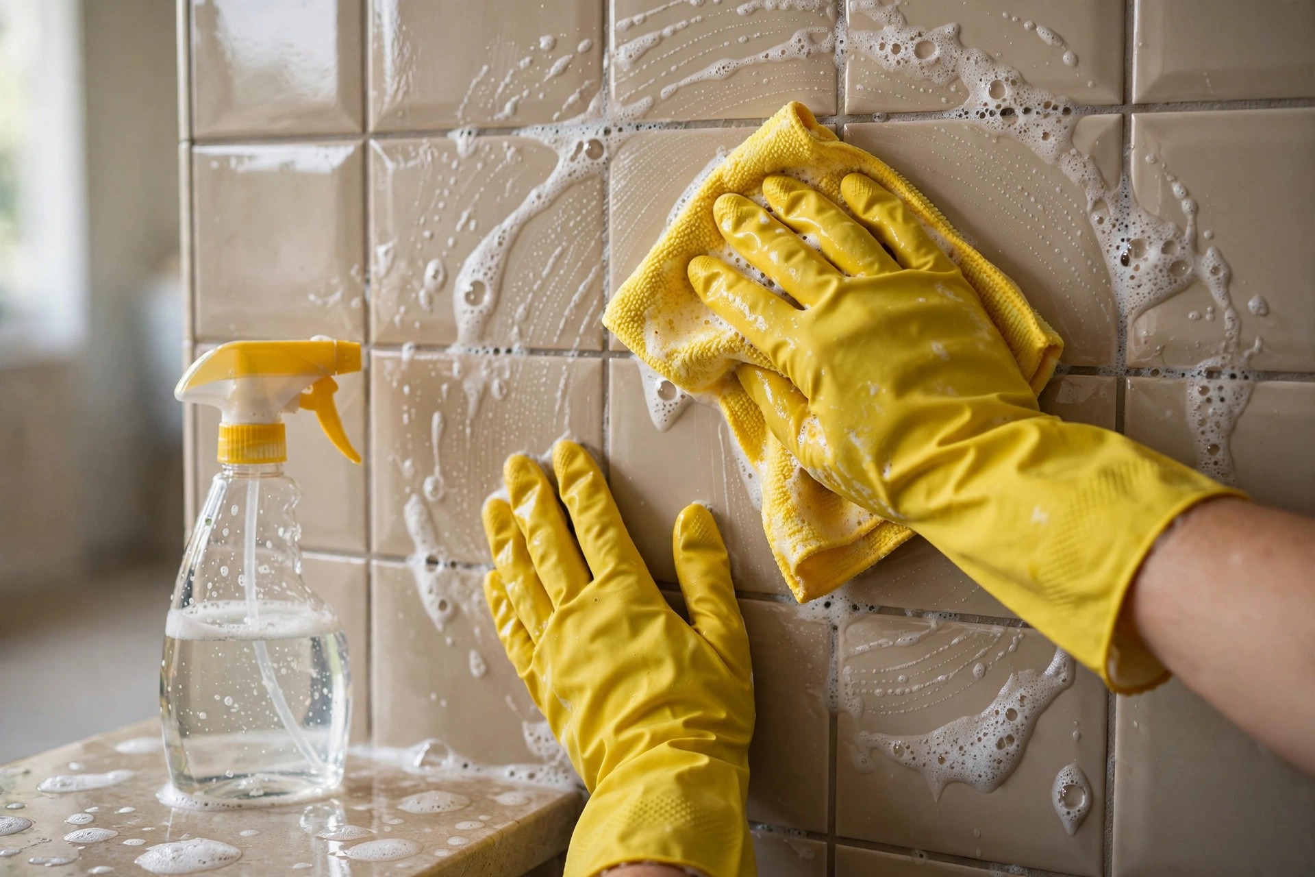 Persona con guantes limpiando los azulejos del baño con un paño de microfibra y un pulverizador con solución de limpieza casera