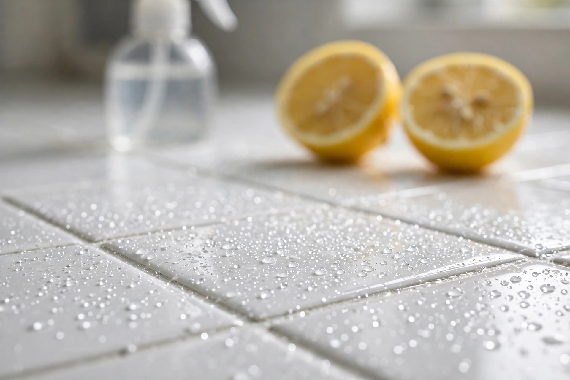Primer plano de azulejos brillantes del baño cubiertos de gotas de agua después del tratamiento con vinagre contra el sarro