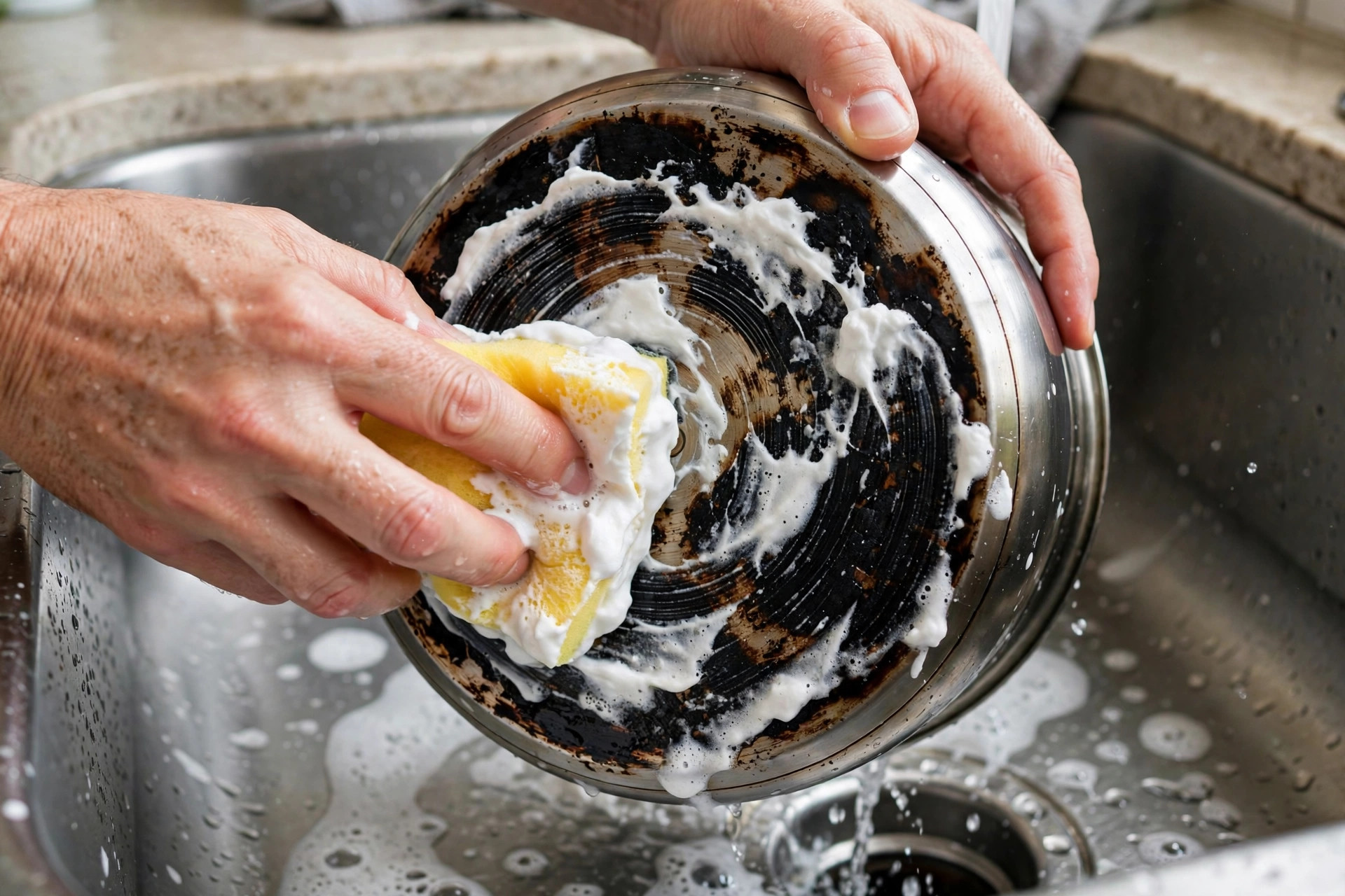 Frotar el fondo quemado de una olla con pasta de bicarbonato y esponja