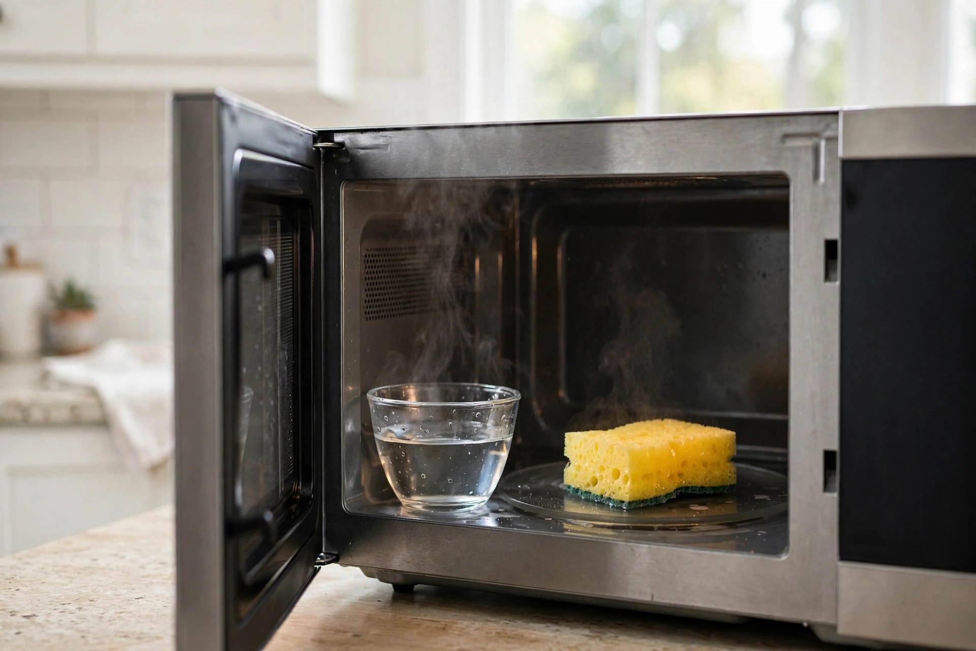 Una esponja amarilla húmeda colocada dentro de un microondas abierto con la puerta abierta, junto a un bol con agua, desprendiendo vapor mientras se desinfecta en una cocina luminosa.