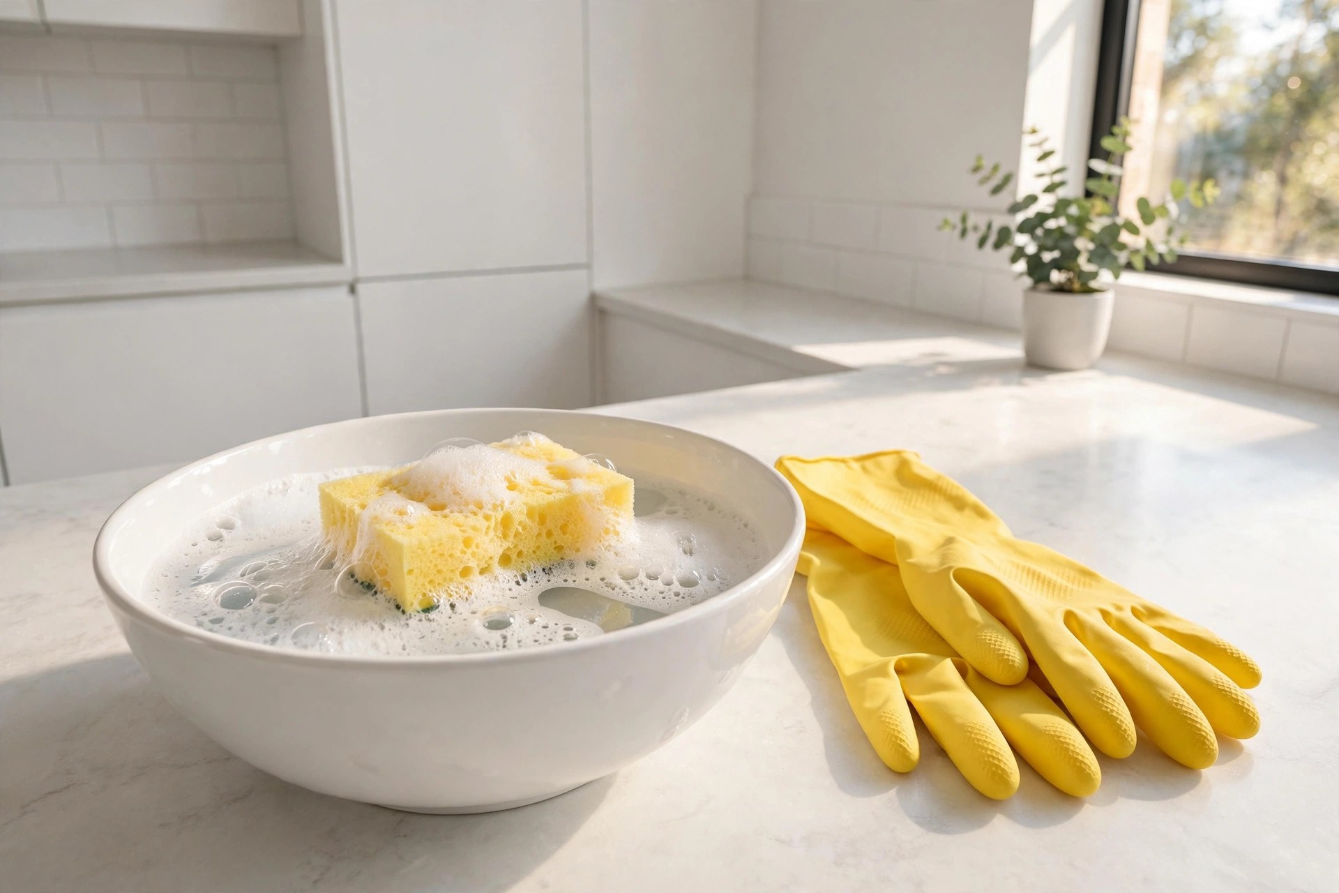 Una esponja amarilla de cocina sumergida en un bol blanco con agua jabonosa sobre una encimera luminosa, con unos guantes amarillos de goma al lado junto a la ventana.