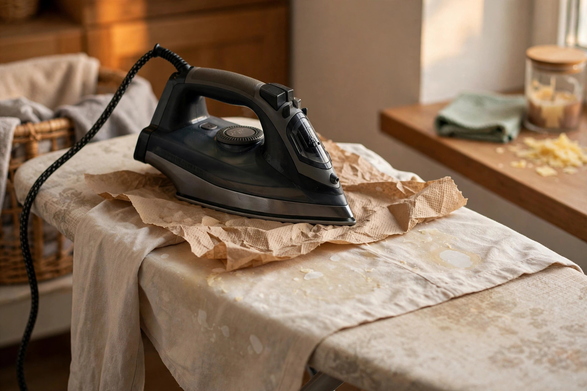 Plancha sobre papel de cocina absorbente colocado sobre una mancha de cera de vela en una prenda de ropa, técnica casera para quitar cera de vela de la ropa