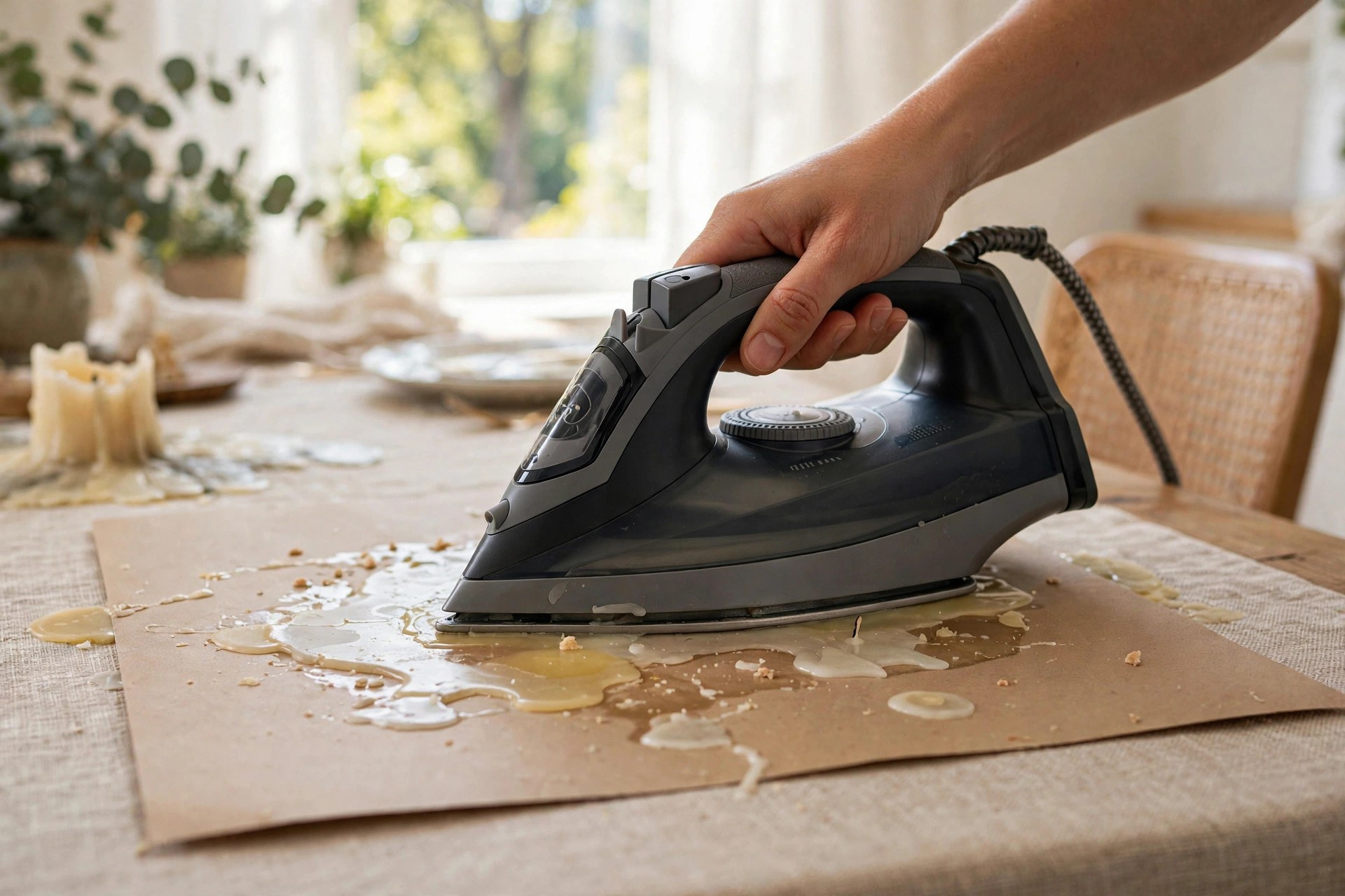 Pasar la plancha tibia sobre papel marrón colocado en un mantel para absorber la cera de vela derretida