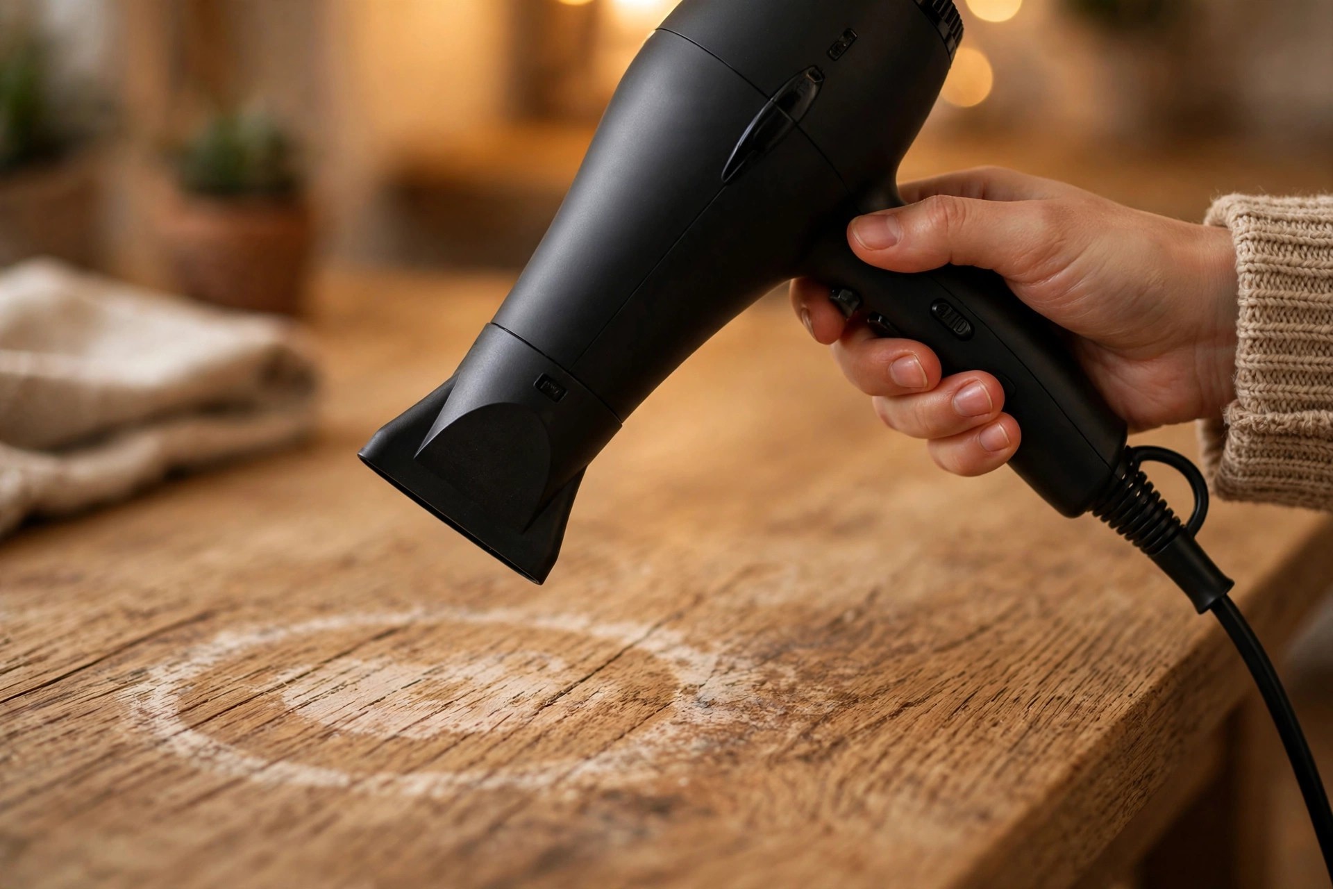 Secador de pelo apuntando con aire caliente a un cerco blanco de vaso sobre una mesa de madera, técnica casera para quitar cercos de agua de la madera