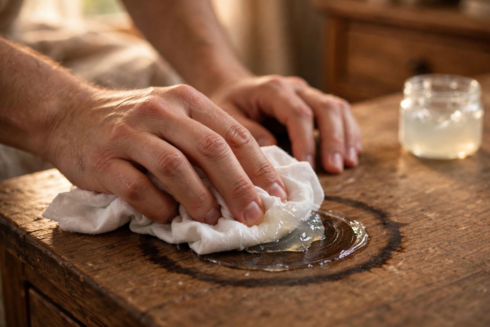 Manos aplicando vaselina con un paño de algodón sobre un cerco oscuro de vaso en una cómoda de madera, remedio casero para quitar cercos de agua de la madera
