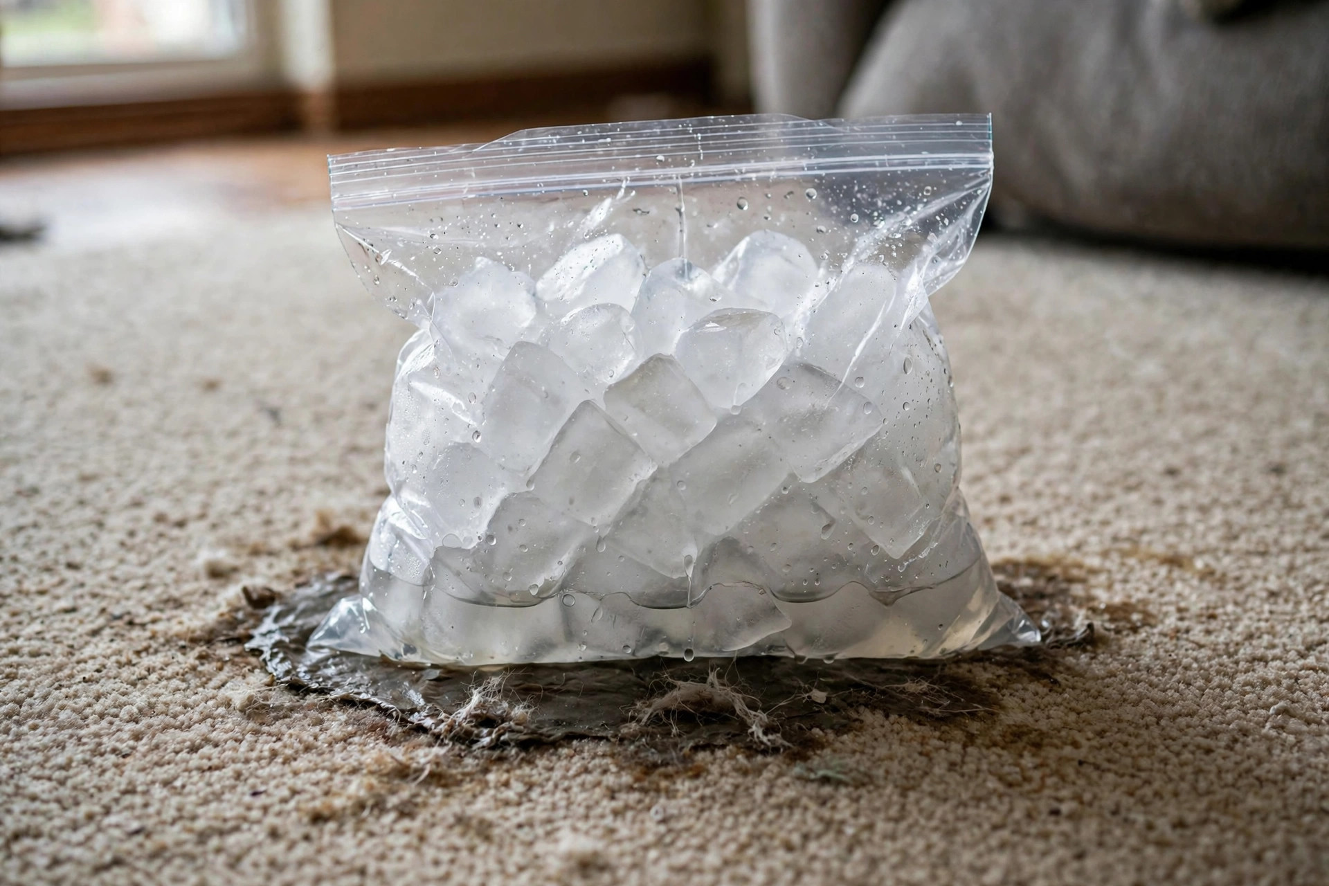 Bolsa de plástico con cubitos de hielo colocada sobre un chicle pegado en la alfombra, método del hielo para quitar chicle de la alfombra