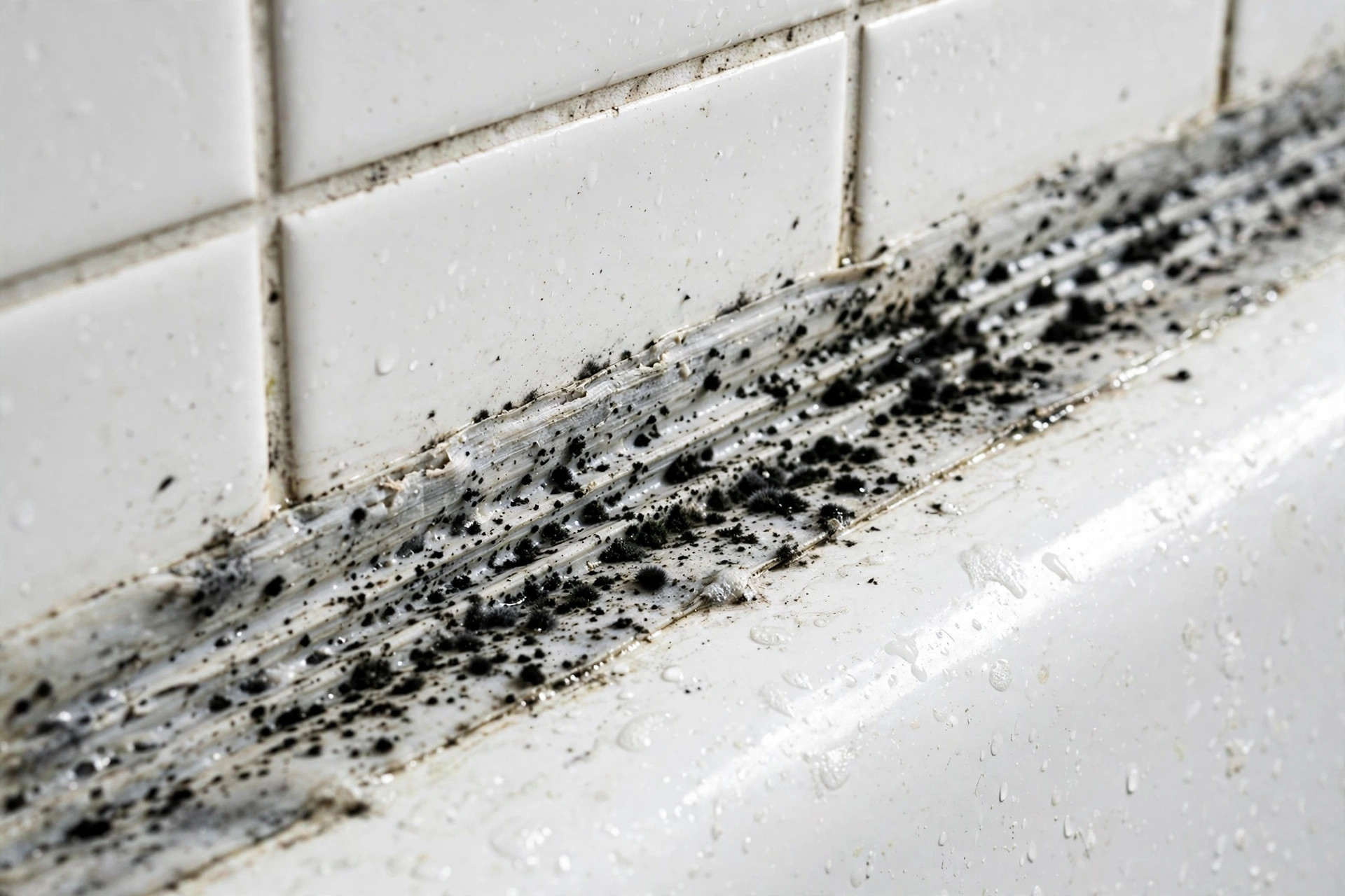 Primer plano de una junta de silicona de la bañera con manchas negras de moho incrustado entre la bañera y los azulejos