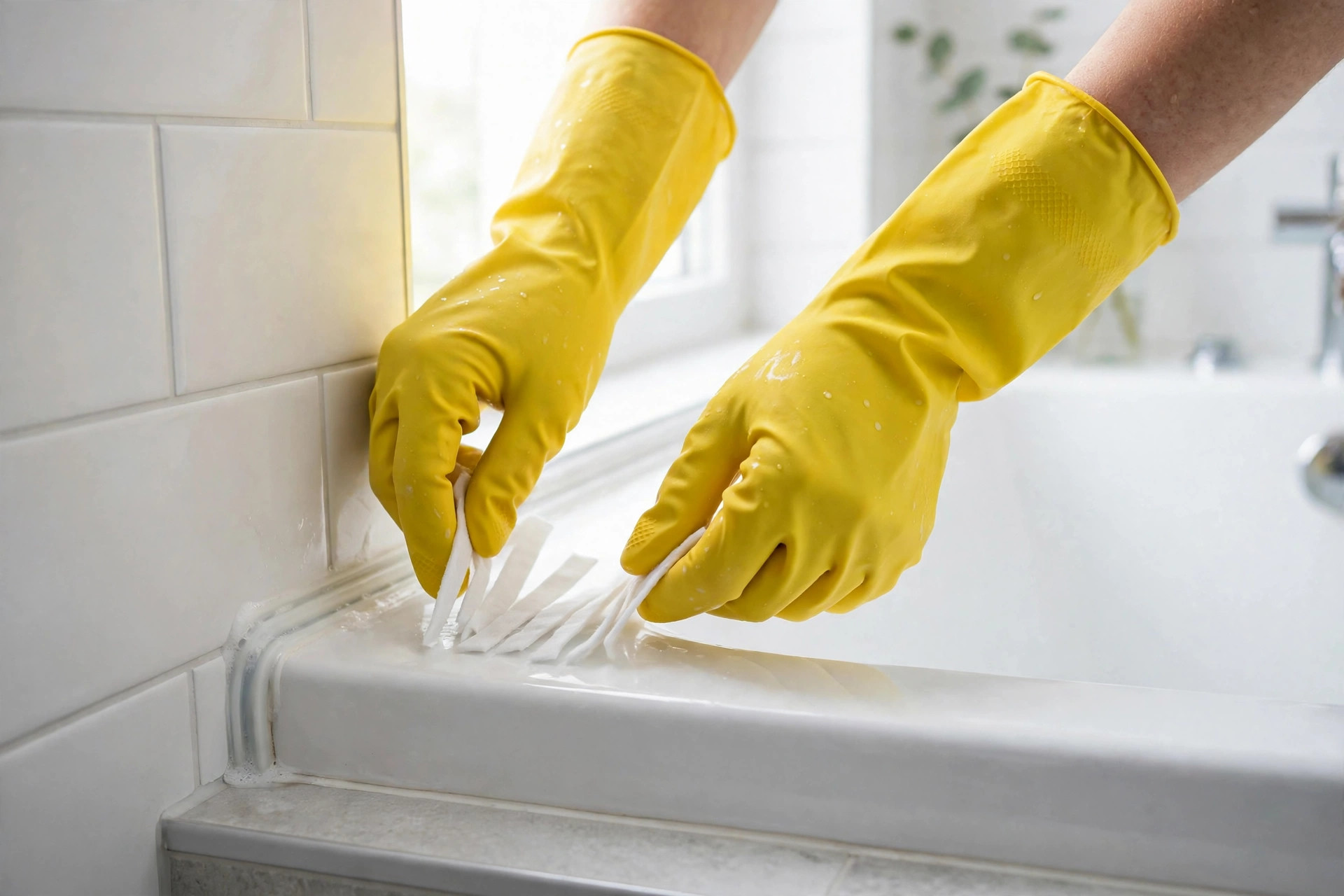 Manos con guantes de limpieza colocando tiras de algodón empapadas en lejía sobre la silicona de la bañera para quitar el moho