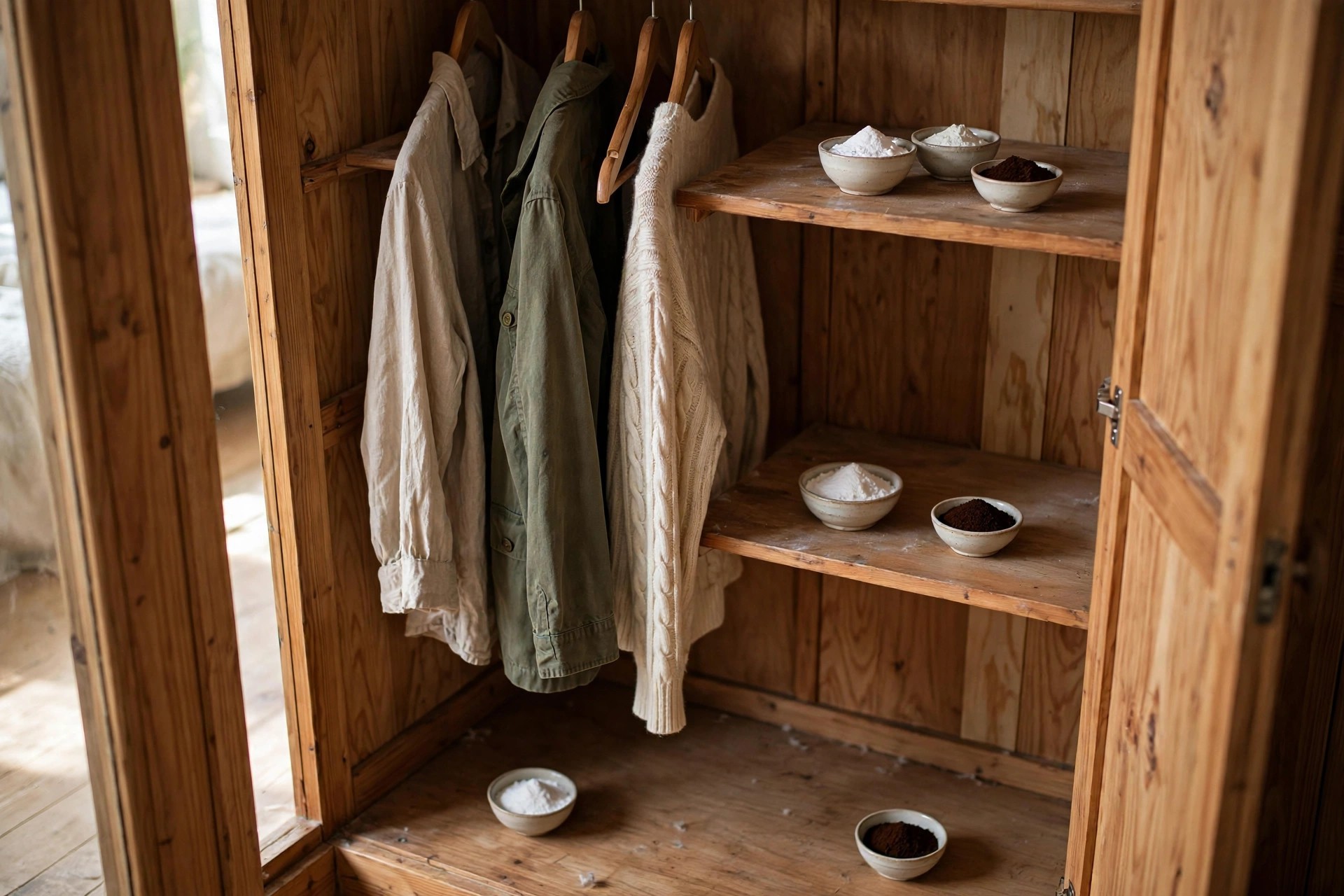 Cuencos de cerámica con bicarbonato y posos de café colocados en los estantes de un armario con ropa para absorber el olor a humedad, remedio casero