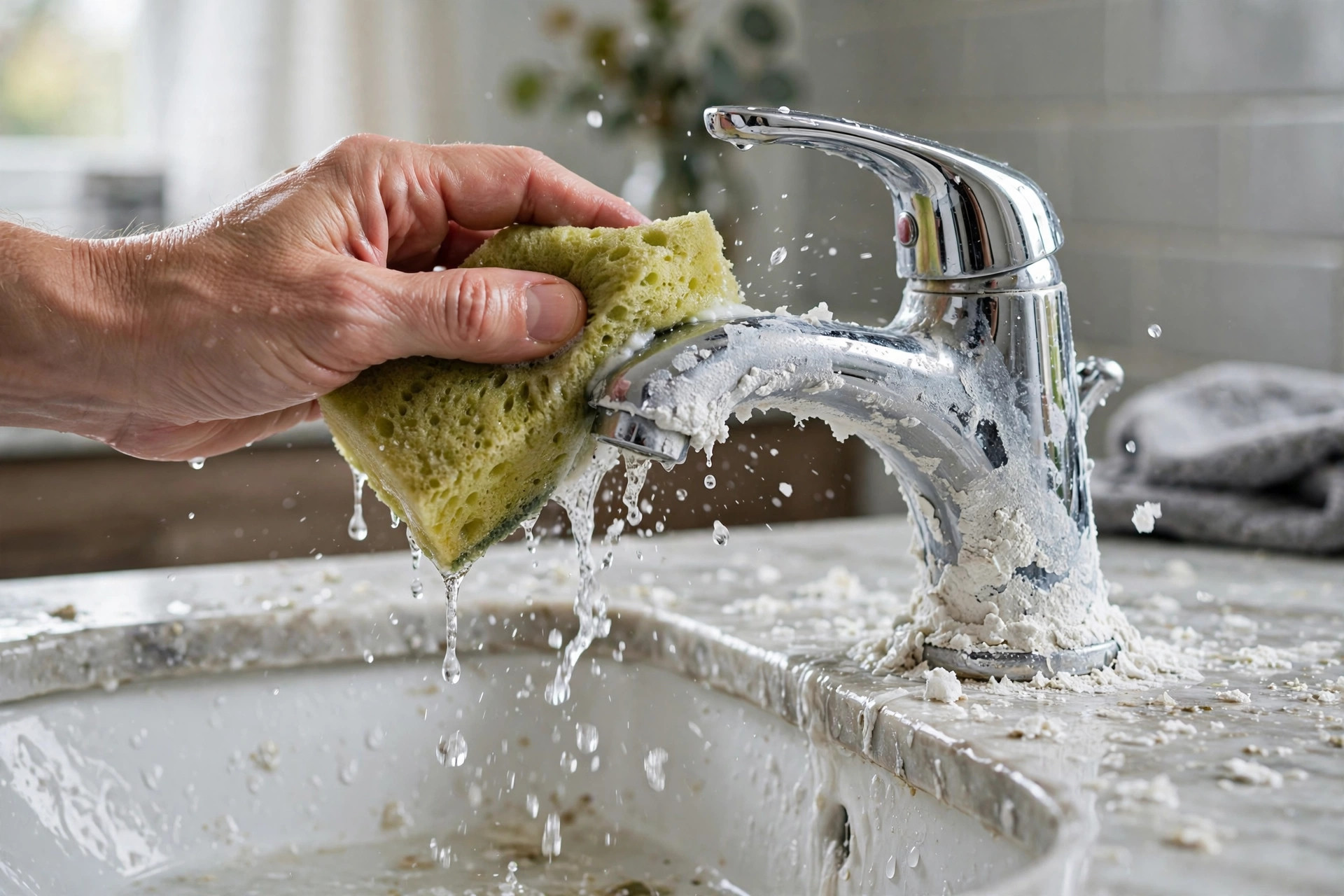 Frotar un grifo con sarro usando una esponja