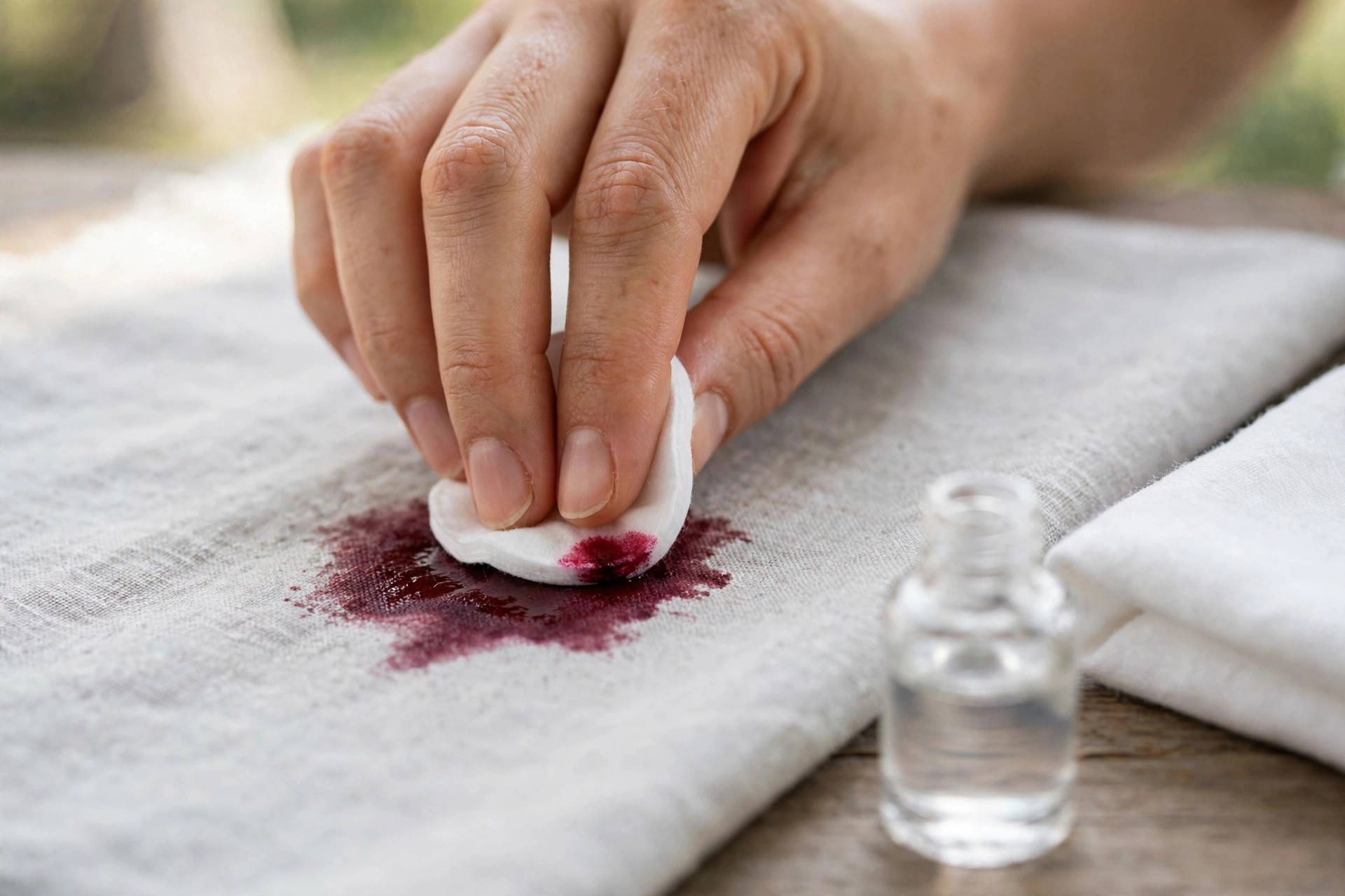 Primer plano de una mano que da toques suaves con un algodón sobre una mancha fresca de esmalte de uñas rojo en una tela gris clara, junto a un frasco de quitaesmalte y un paño blanco sobre una mesa de madera.