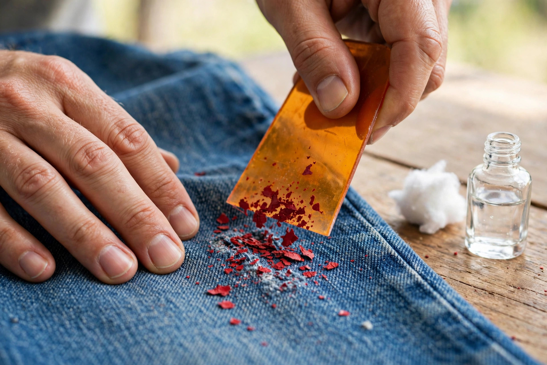 Manos que levantan con cuidado escamas de esmalte de uñas rojo endurecido de unos vaqueros de mezclilla azul con un rascador de plástico, junto a un frasco de quitaesmalte sobre una mesa de trabajo iluminada.