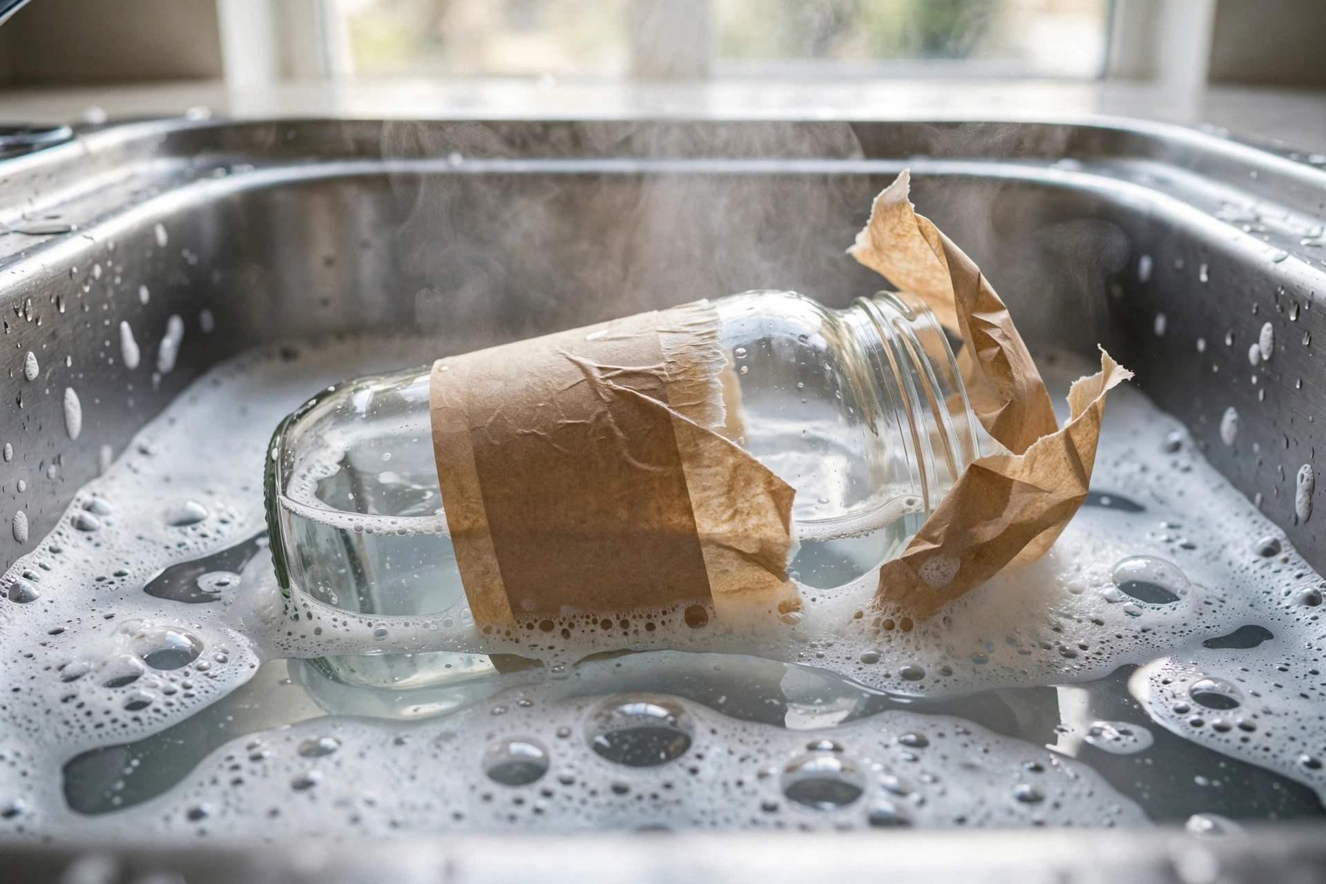 Tarro de cristal sumergido en un barreño de agua caliente con jabón mientras su etiqueta de papel se despega sola, método casero para quitar etiquetas de tarros de cristal