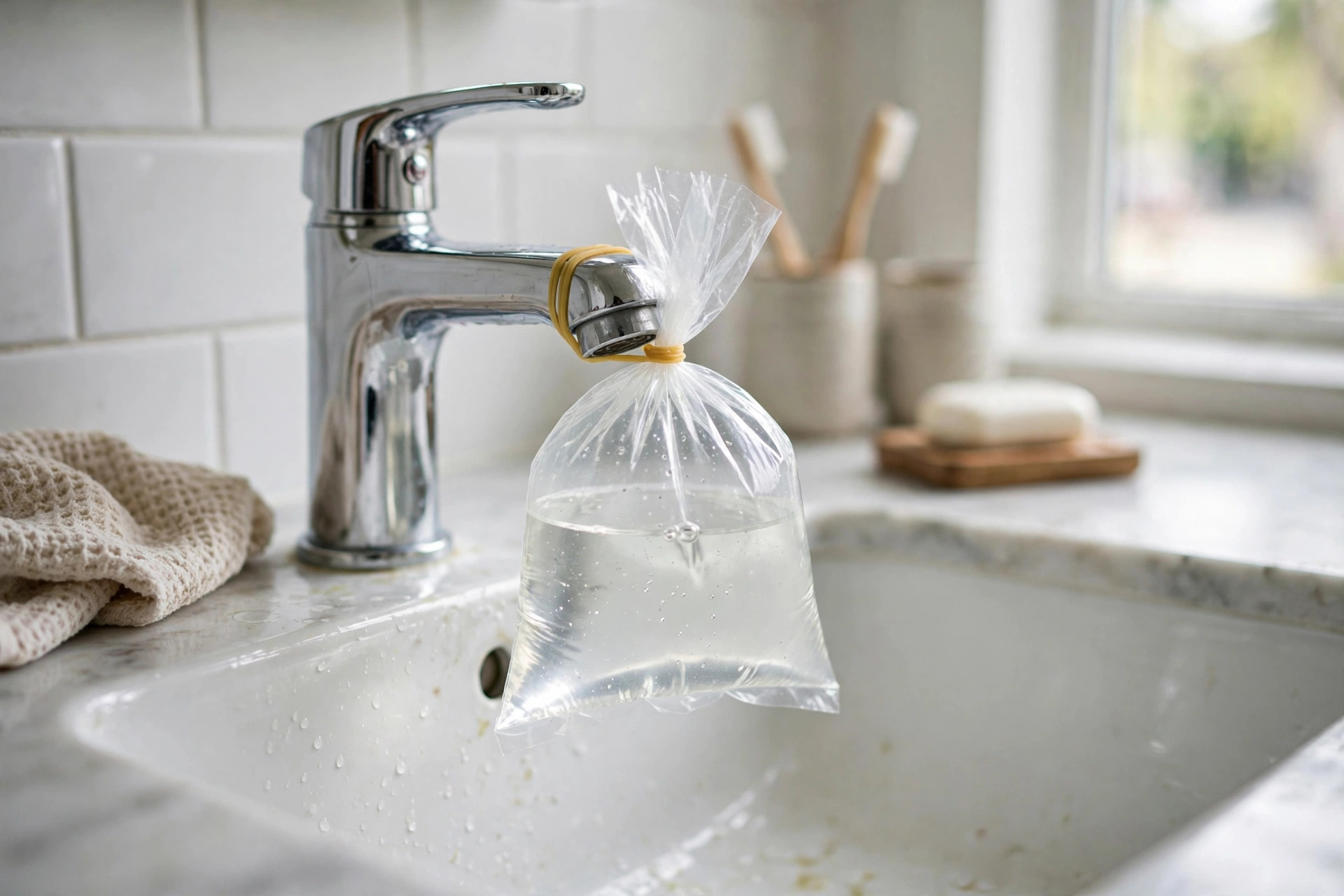 Bolsa de plástico con vinagre atada con gomas elásticas en la boca de un grifo de baño para quitar la cal incrustada