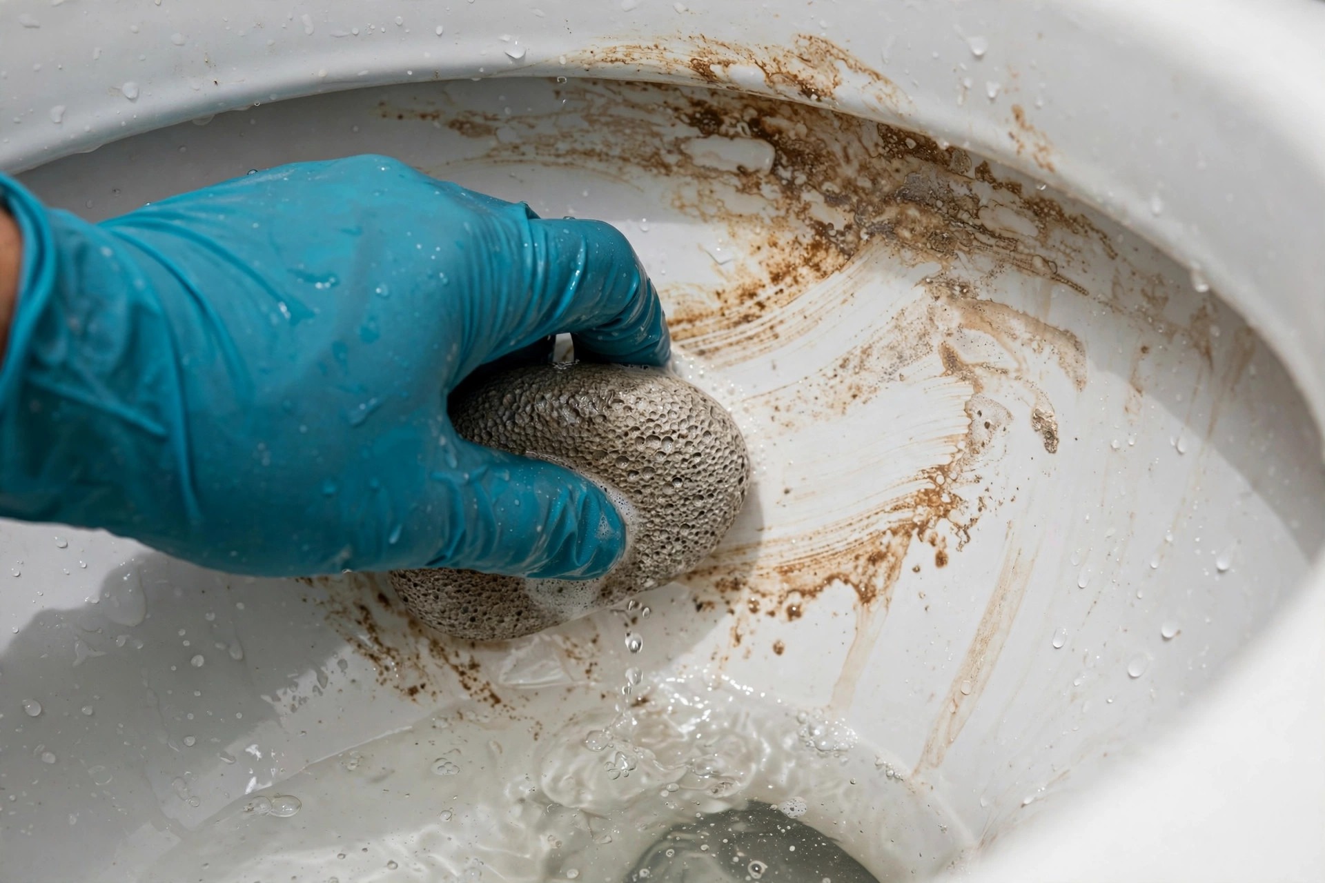 Mano con guante de goma frotando con una piedra pómez bien mojada las manchas de agua dura del inodoro, método seguro para quitar las marcas minerales sin rayar la porcelana
