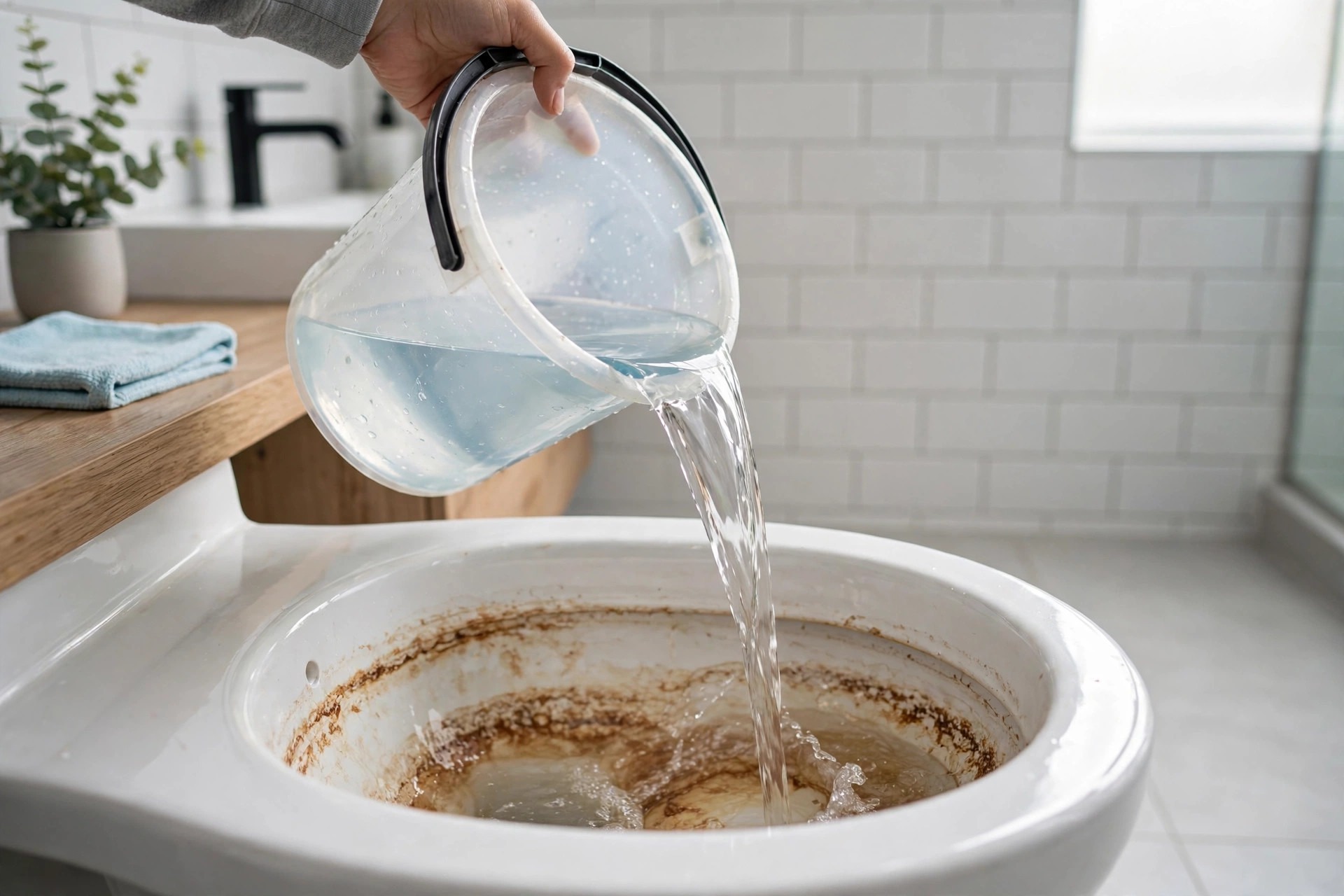 Disolución de ácido cítrico vertida desde un cubo sobre las manchas de cal de la taza del inodoro, tratamiento para ablandar y disolver las marcas de agua dura sin frotar