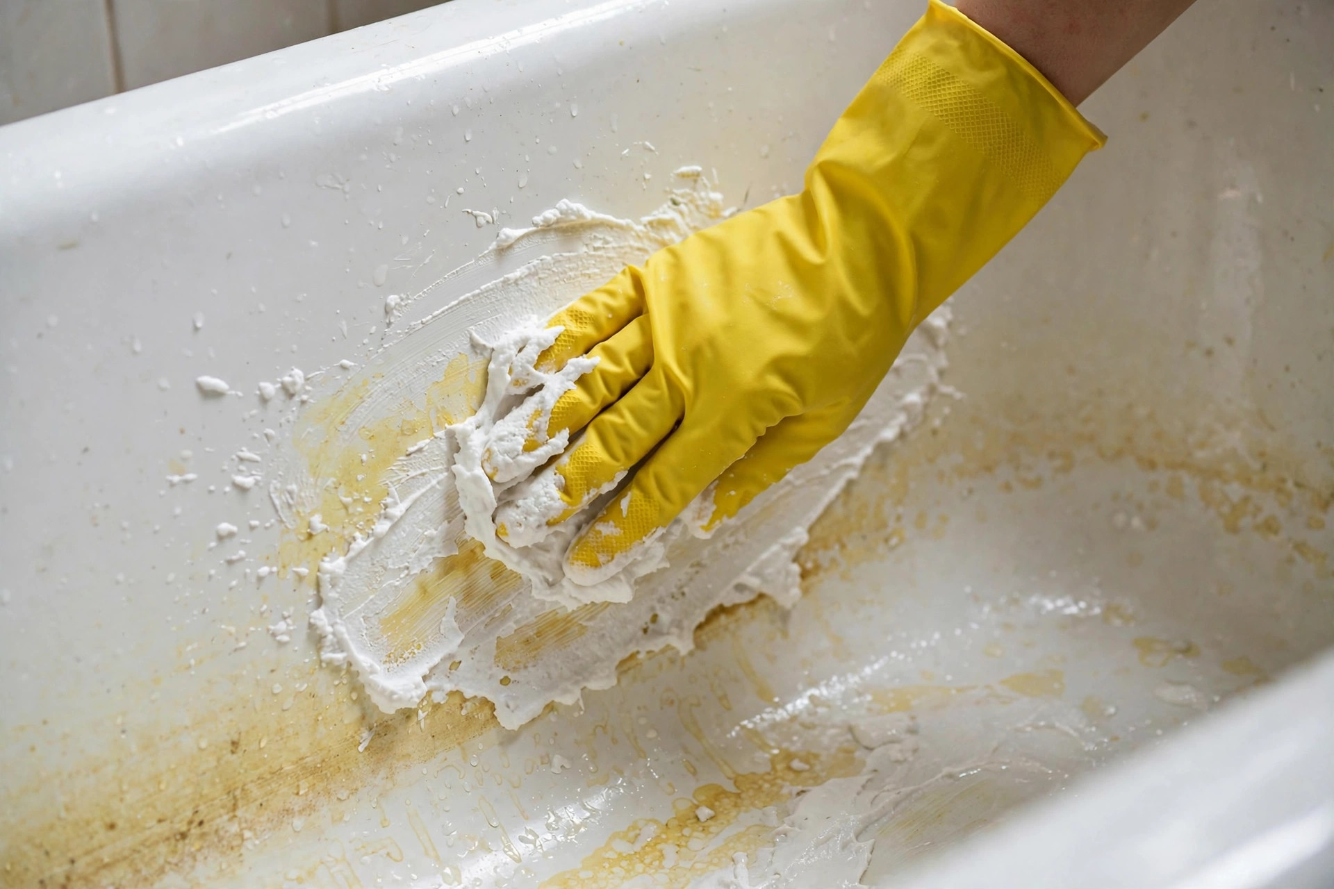Mano con guante de limpieza amarillo aplicando pasta blanca de bicarbonato sobre manchas amarillas dentro de una bañera blanca, método casero para quitar manchas amarillas en la bañera