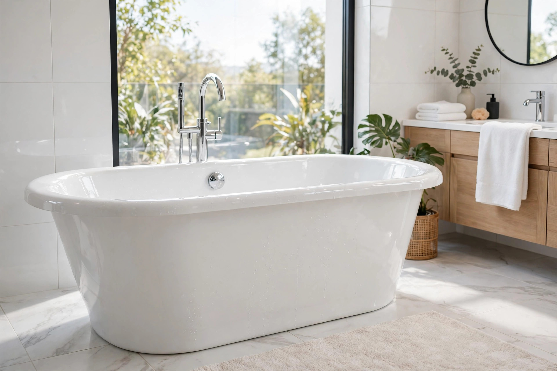Bañera blanca brillante e impecable en un baño moderno y luminoso, resultado final después de quitar las manchas amarillas de la bañera