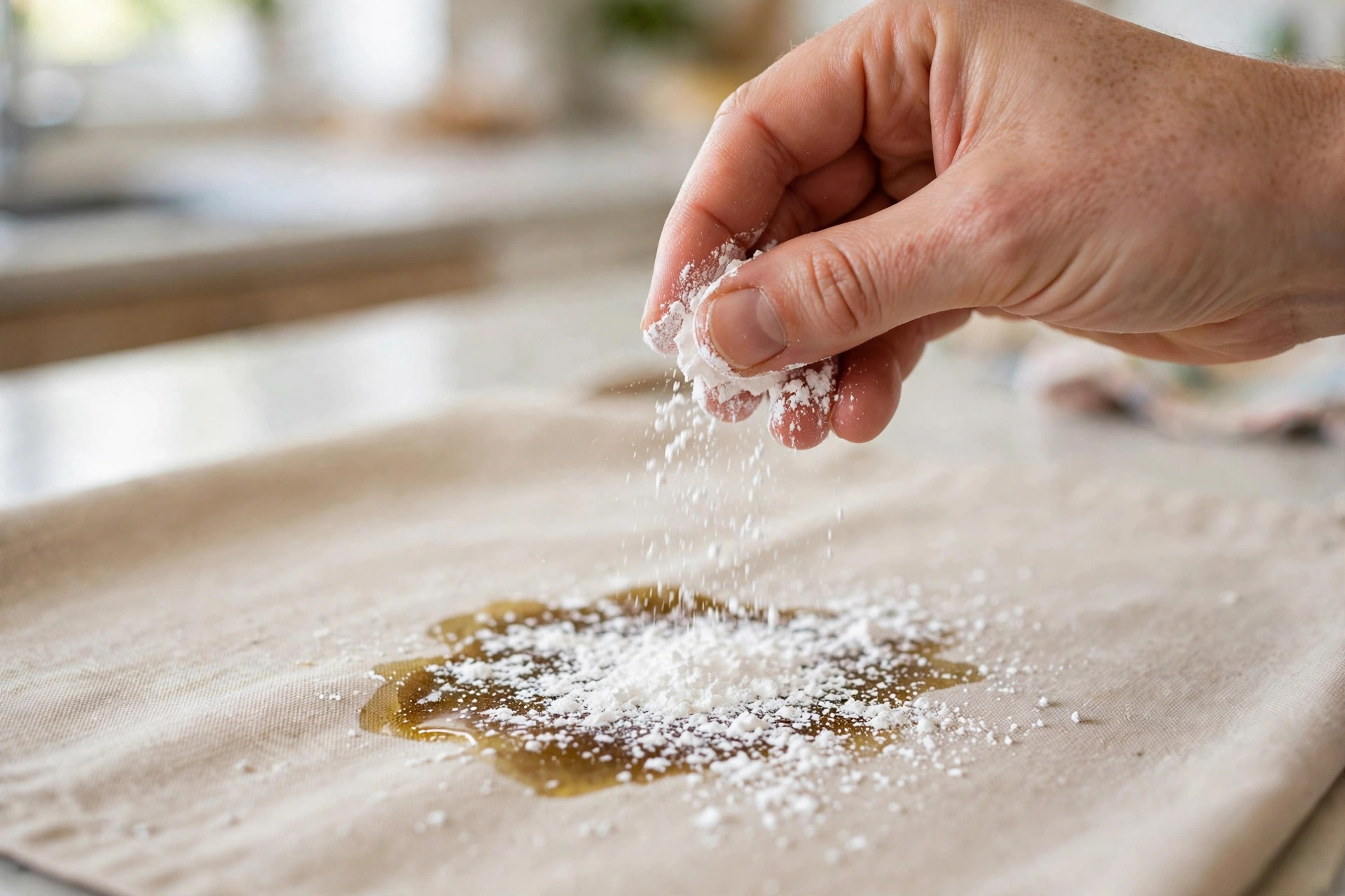 Espolvorear maicena sobre una mancha fresca de aceite de cocina en un delantal