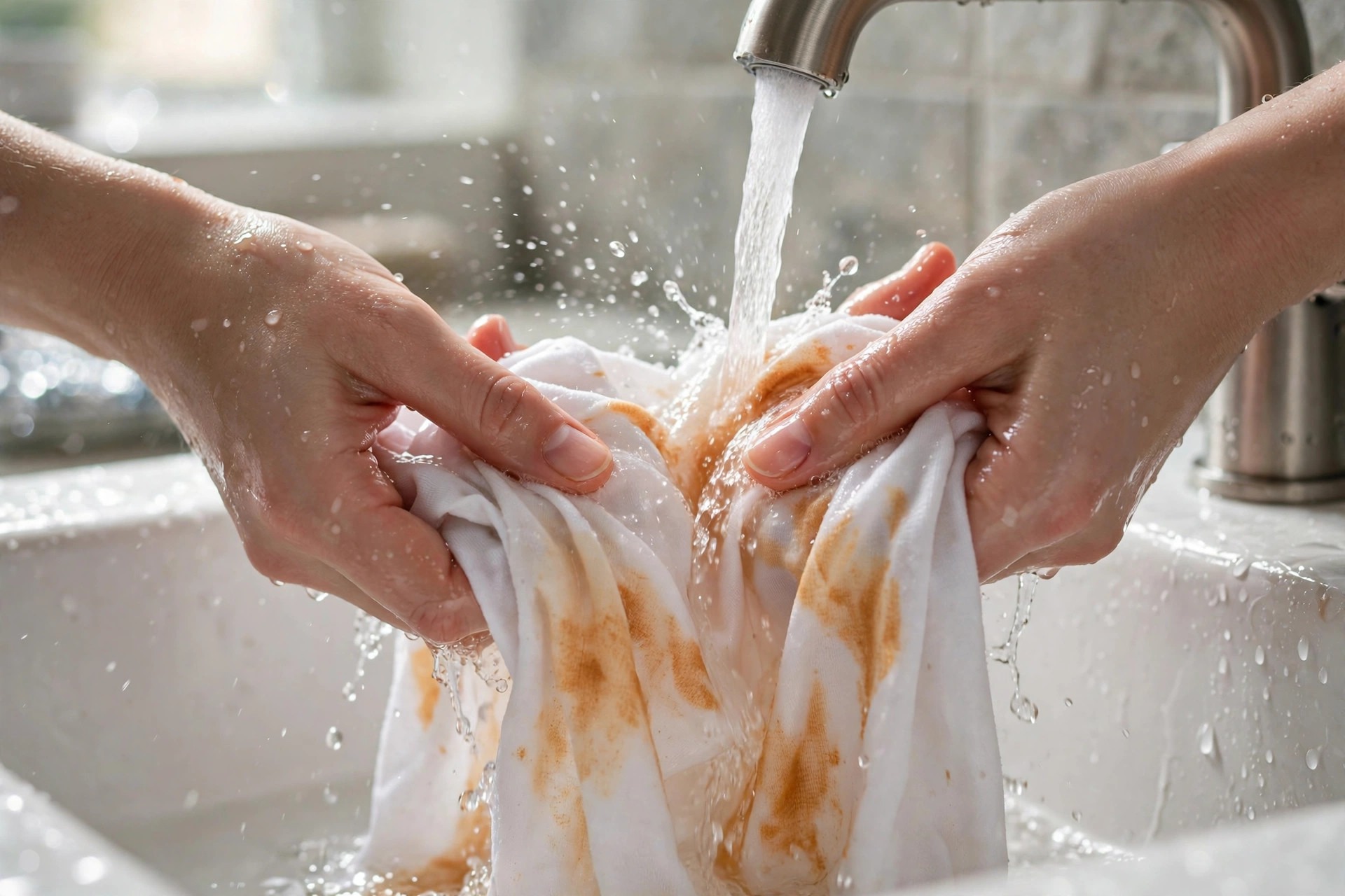 Prenda blanca con manchas de autobronceador enjuagándose con agua fría en el lavabo