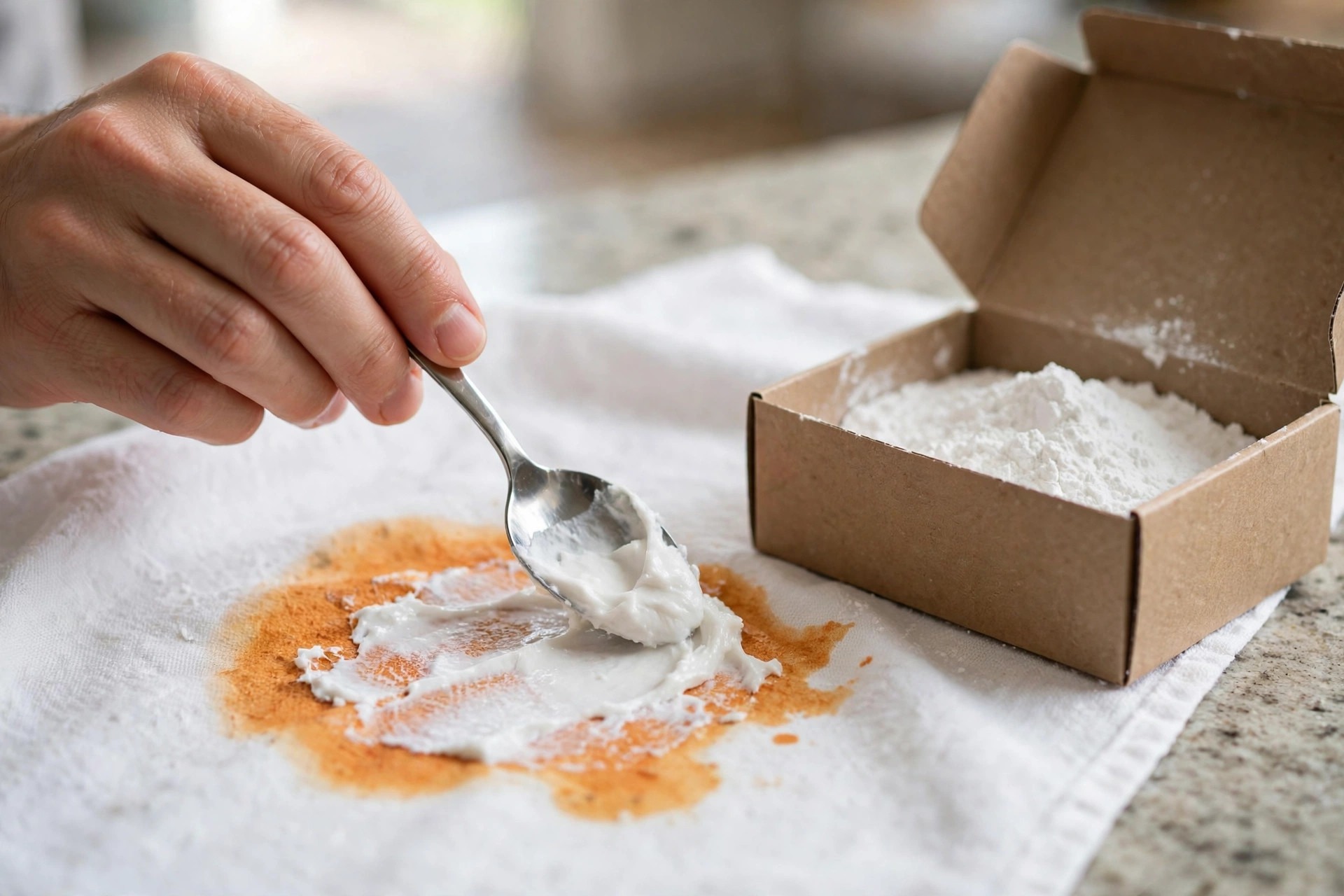 Aplicación de pasta de bicarbonato sobre una mancha naranja de autobronceador en tela blanca