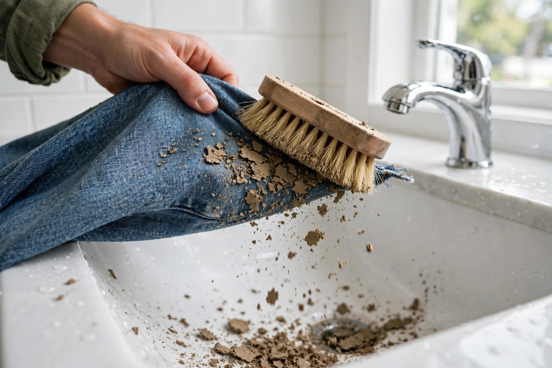 Cepillar barro seco de unos pantalones vaqueros sobre un lavabo blanco