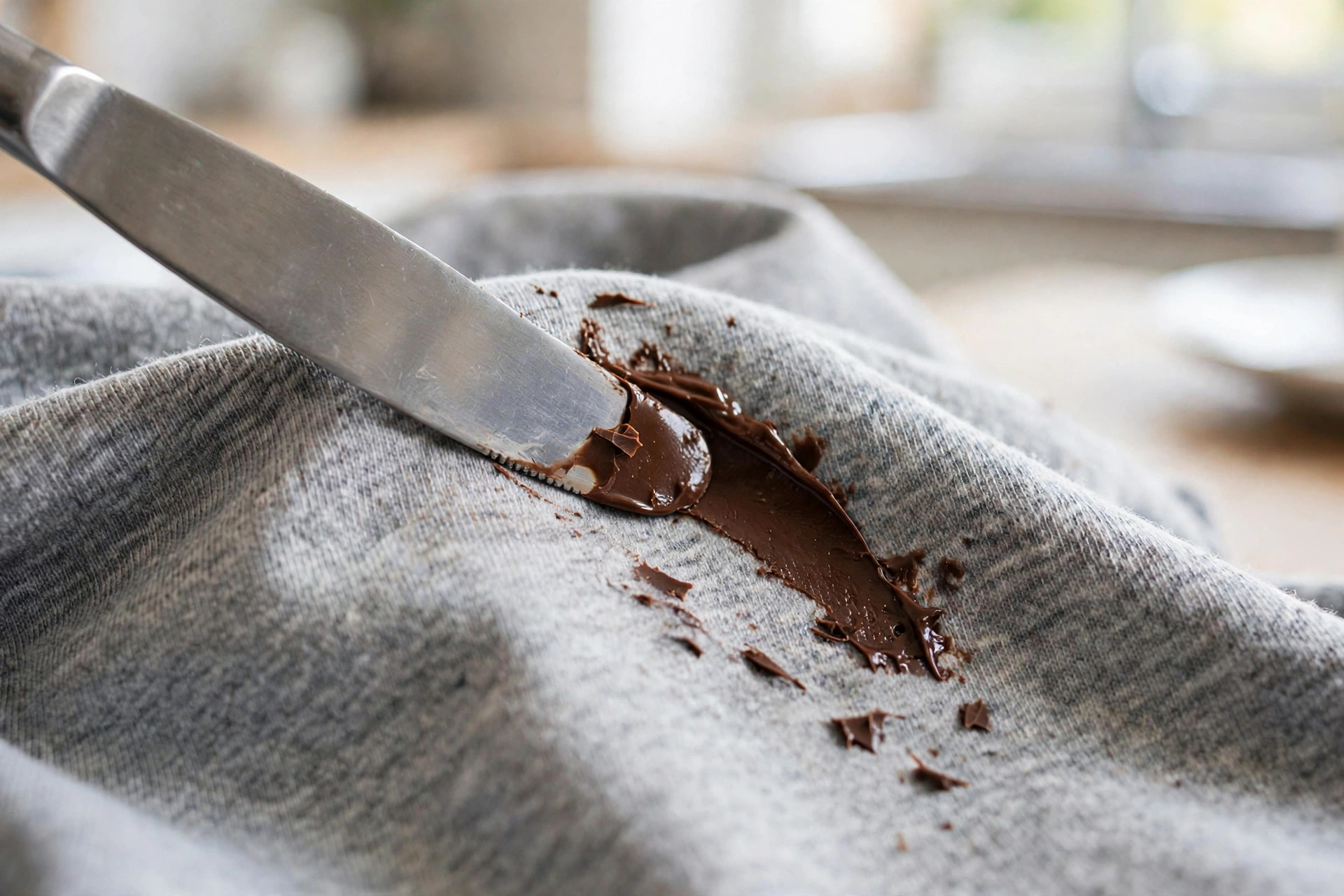 Raspar el exceso de chocolate de una mancha en la ropa con un cuchillo sin filo