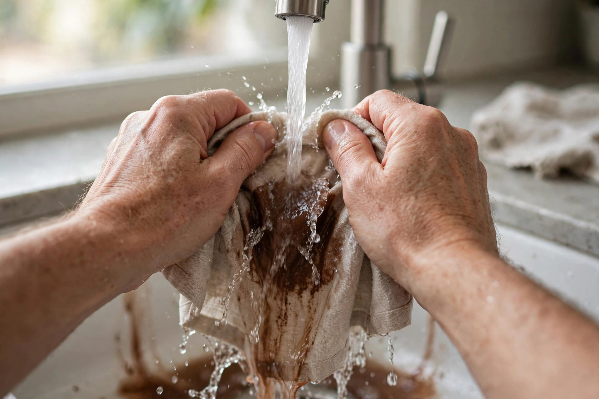 Enjuagar una mancha de chocolate con agua fría por el revés de la tela