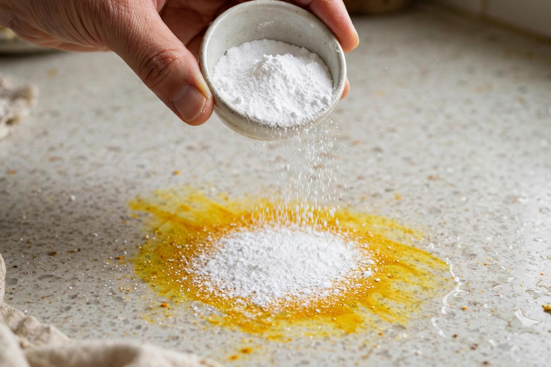 Esparcir bicarbonato de sodio sobre una mancha amarilla de cúrcuma en una encimera de cocina para absorber el pigmento, remedio casero para quitar manchas de cúrcuma en la encimera