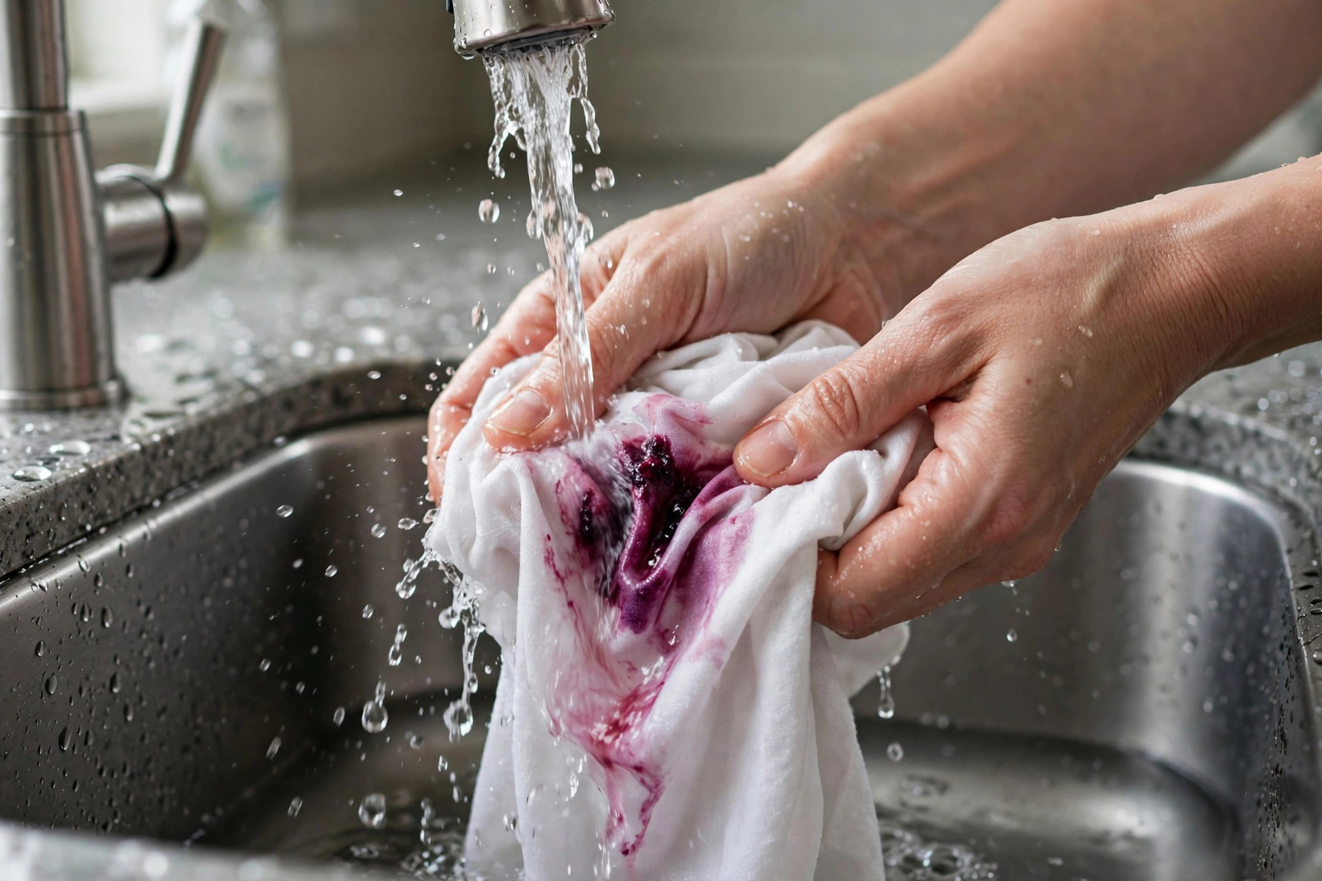 Enjuagar bajo agua fría del grifo una mancha fresca de fruta en un tejido blanco, primer paso para quitar manchas de fruta de la ropa