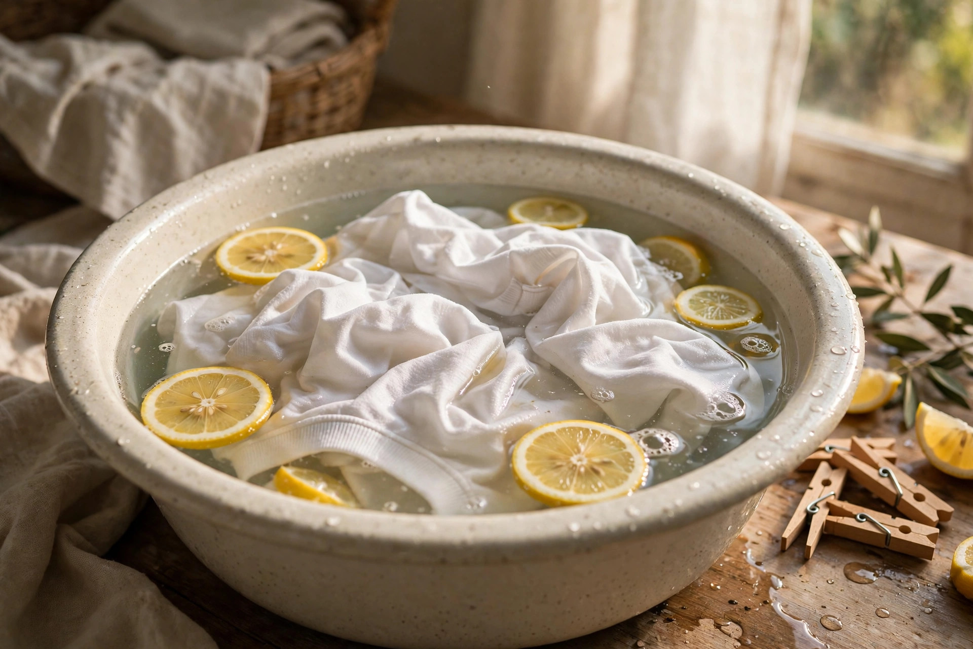 Prenda blanca en remojo con rodajas de limón en un barreño, remedio casero para quitar manchas de fruta de la ropa